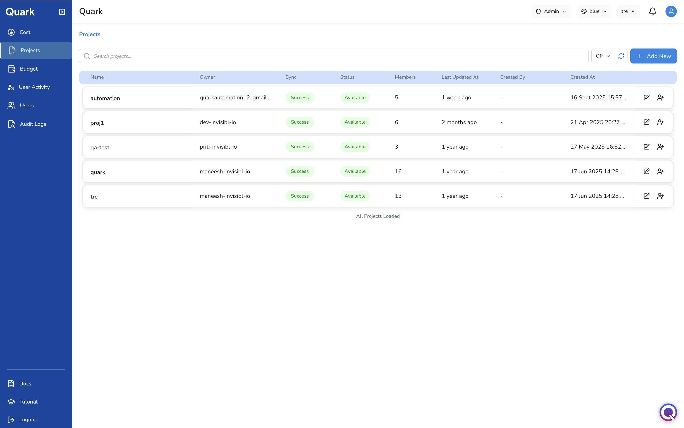 Screenshot: Projects landing page showing the full list of projects with columns for Name, Owner, Status, Members, Last Updated At, Created By, and Created At