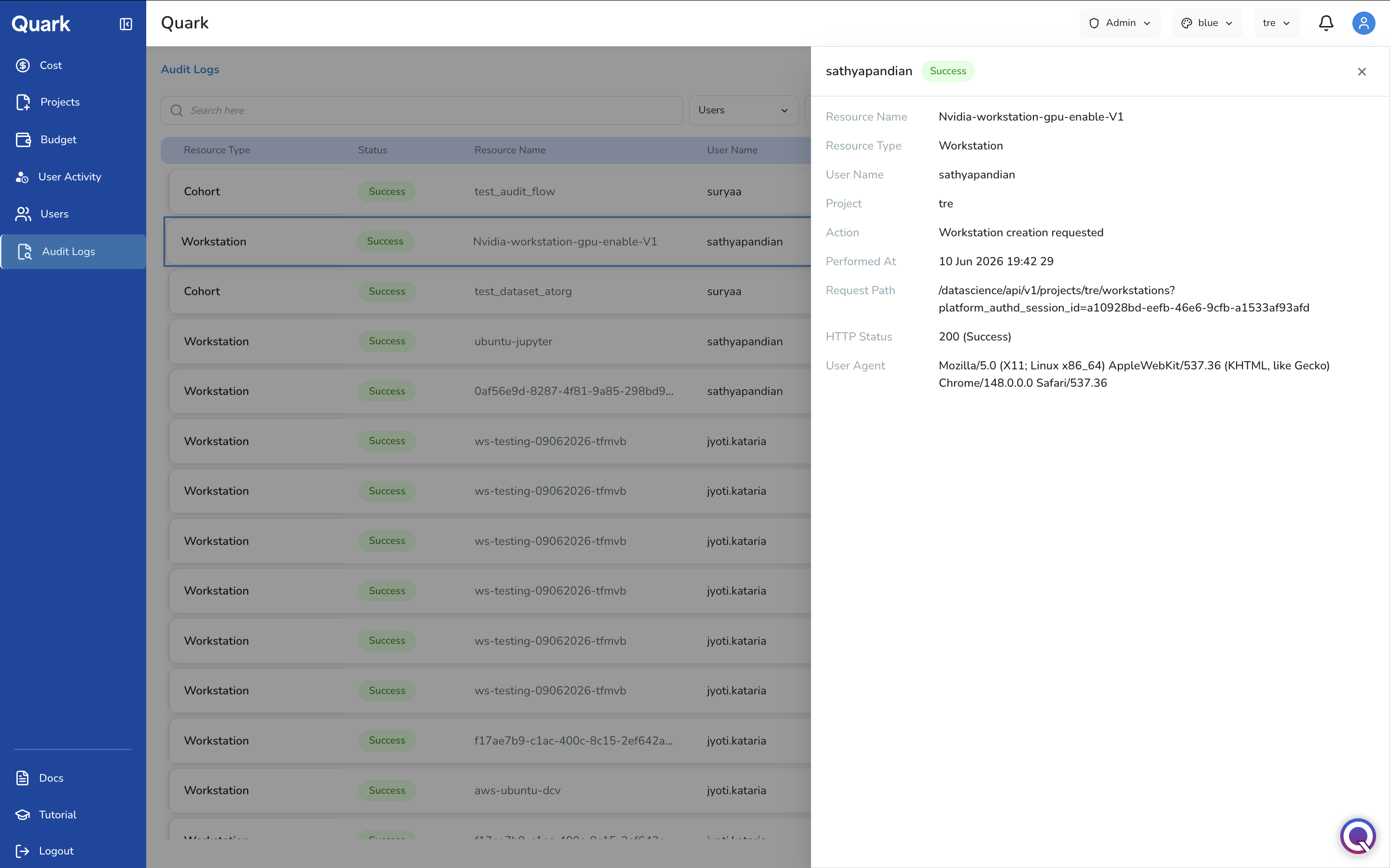 Screenshot: Audit log entry detail panel