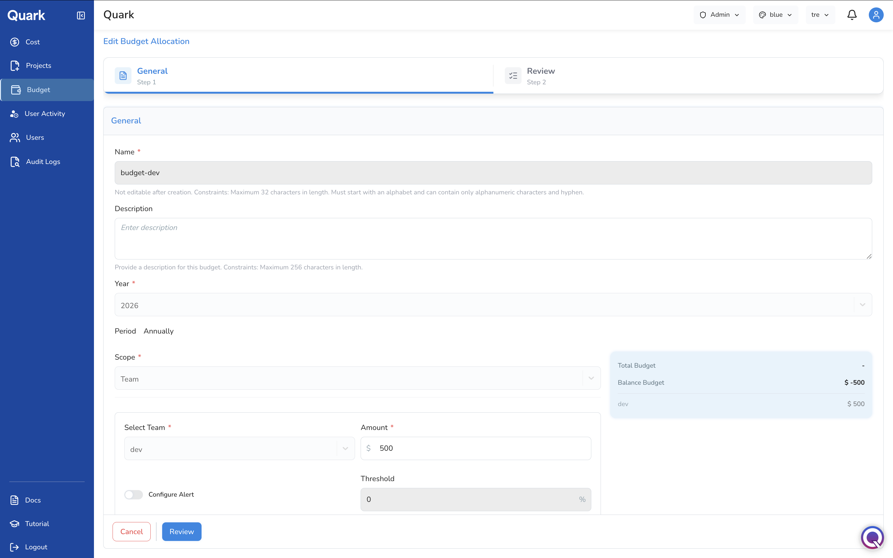 Screenshot: Edit Budget Allocation form showing Name, Description, Year, Period, Scope, team and amount fields, Configure Alert toggle, Threshold field, and the live budget summary panel on the right