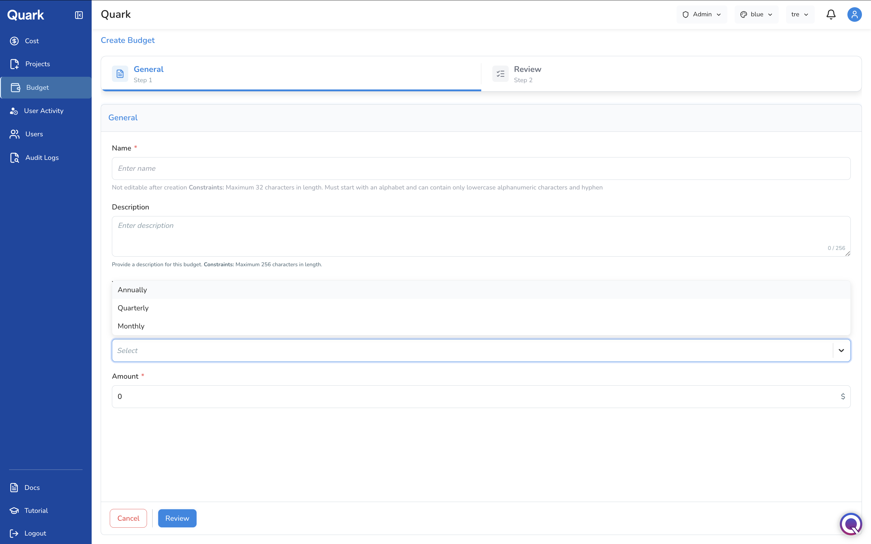 Screenshot: Create Budget form showing Name, Description, Year, Period, and Amount fields