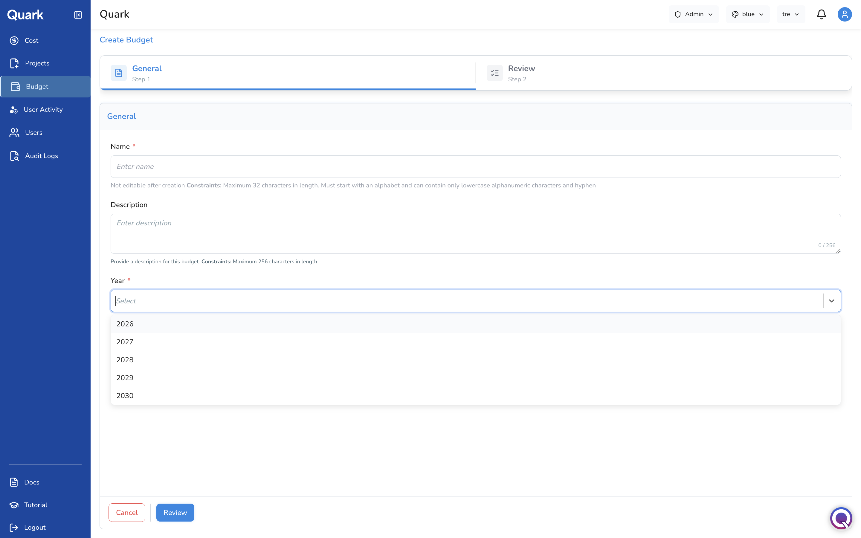 Screenshot: Create Budget form showing Name, Description, Year, Period, and Amount fields