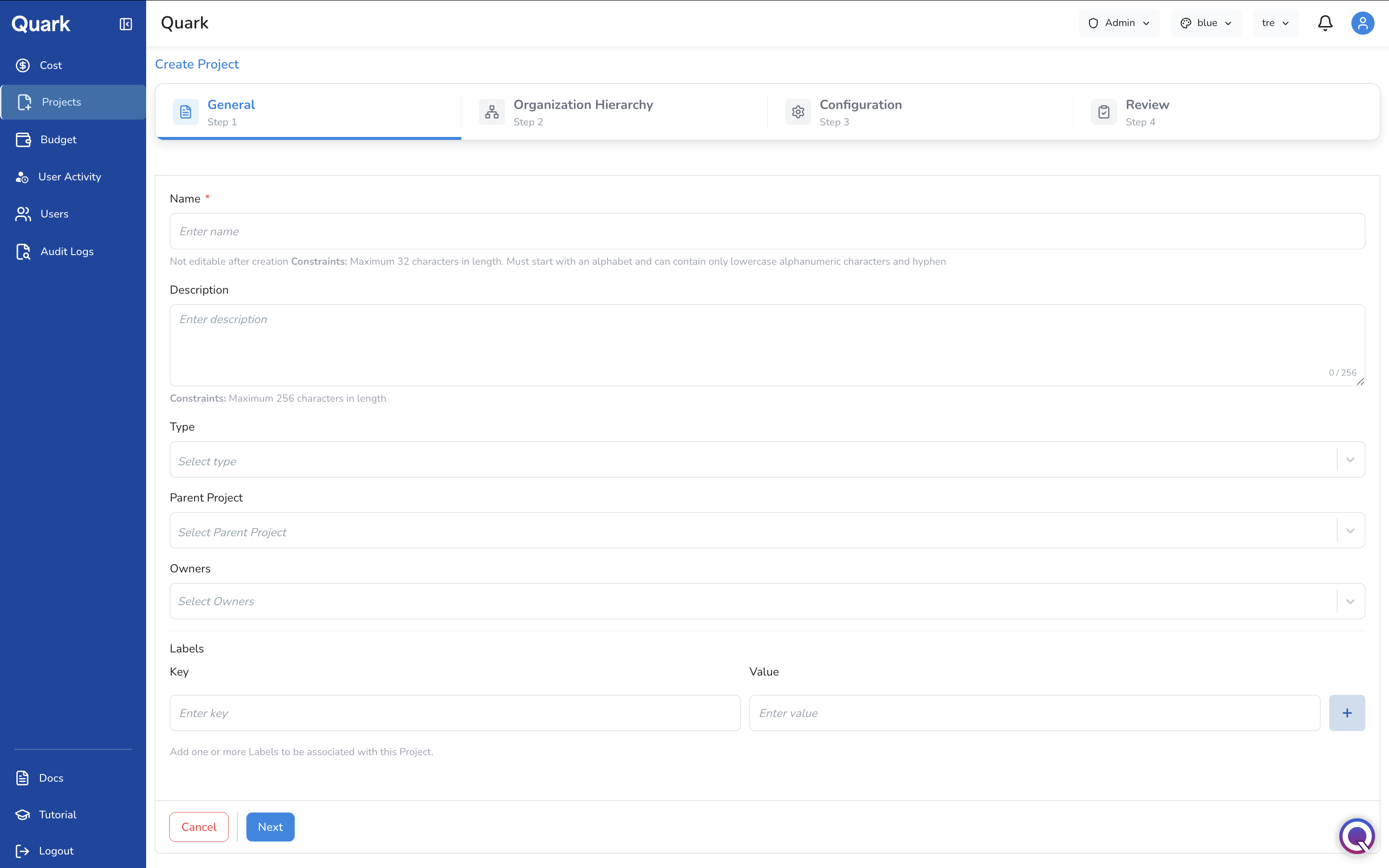 Screenshot: Create Project wizard on Step 1 – General, showing Name, Description, Type, Parent Project, Owners, and Labels fields
