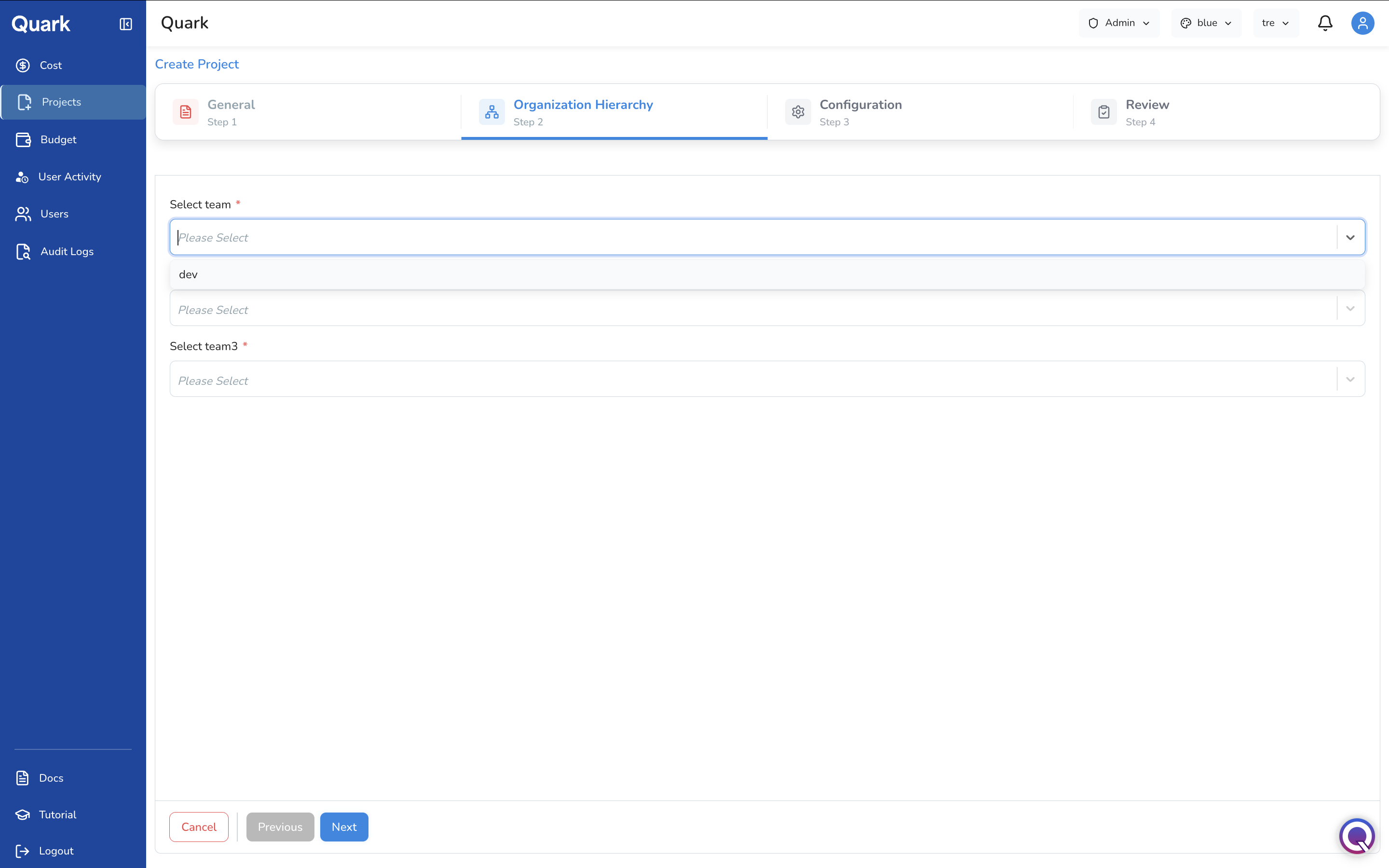 Screenshot: Create Project wizard on Step 2 – Organisation Hierarchy, showing three team-level dropdowns