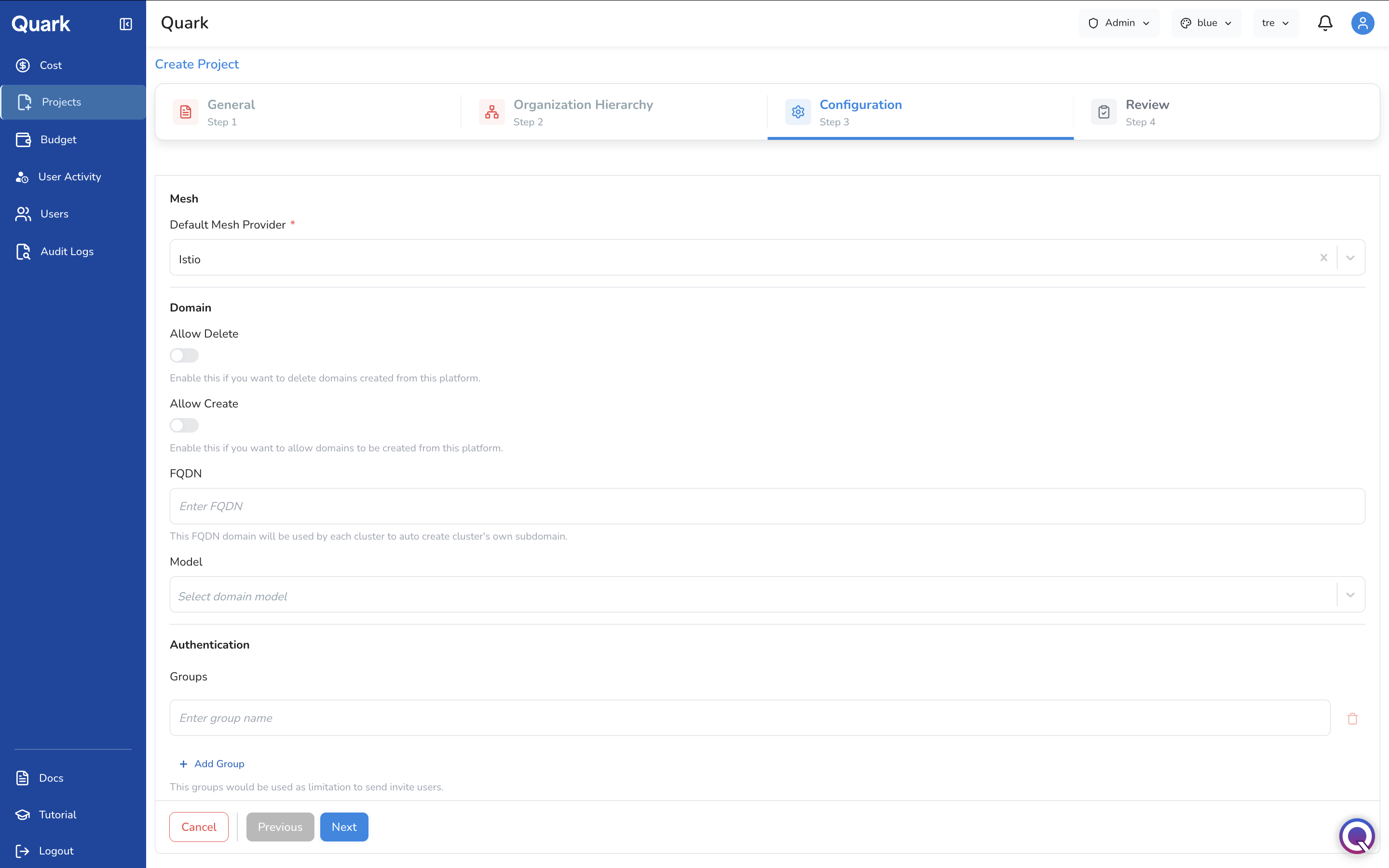 Screenshot: Create Project wizard on Step 3 – Configuration, showing Mesh, Domain, and Authentication sections
