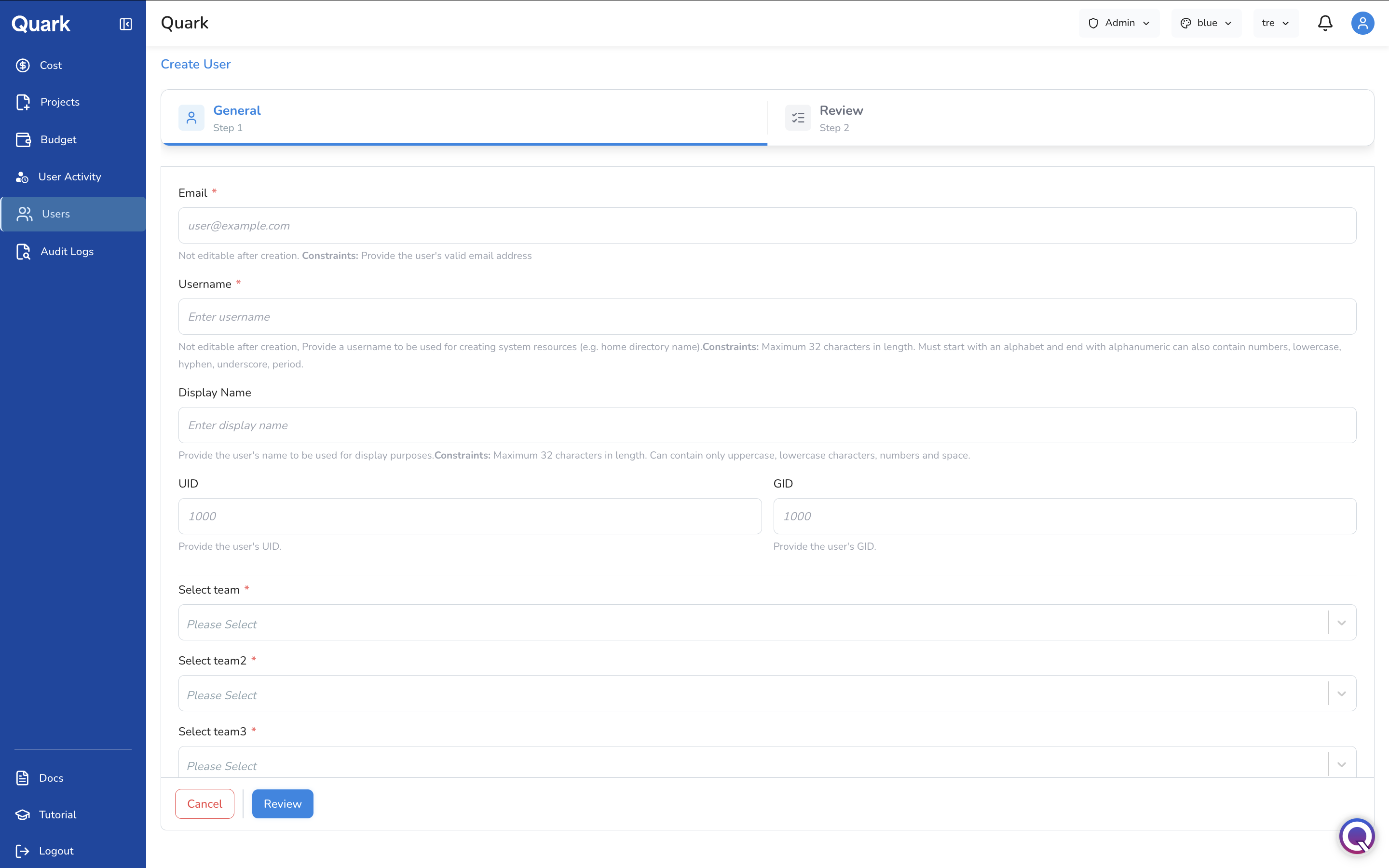 Screenshot: Create User form showing Email, Username, Display Name, UID, GID, team selectors, Labels, and Properties fields