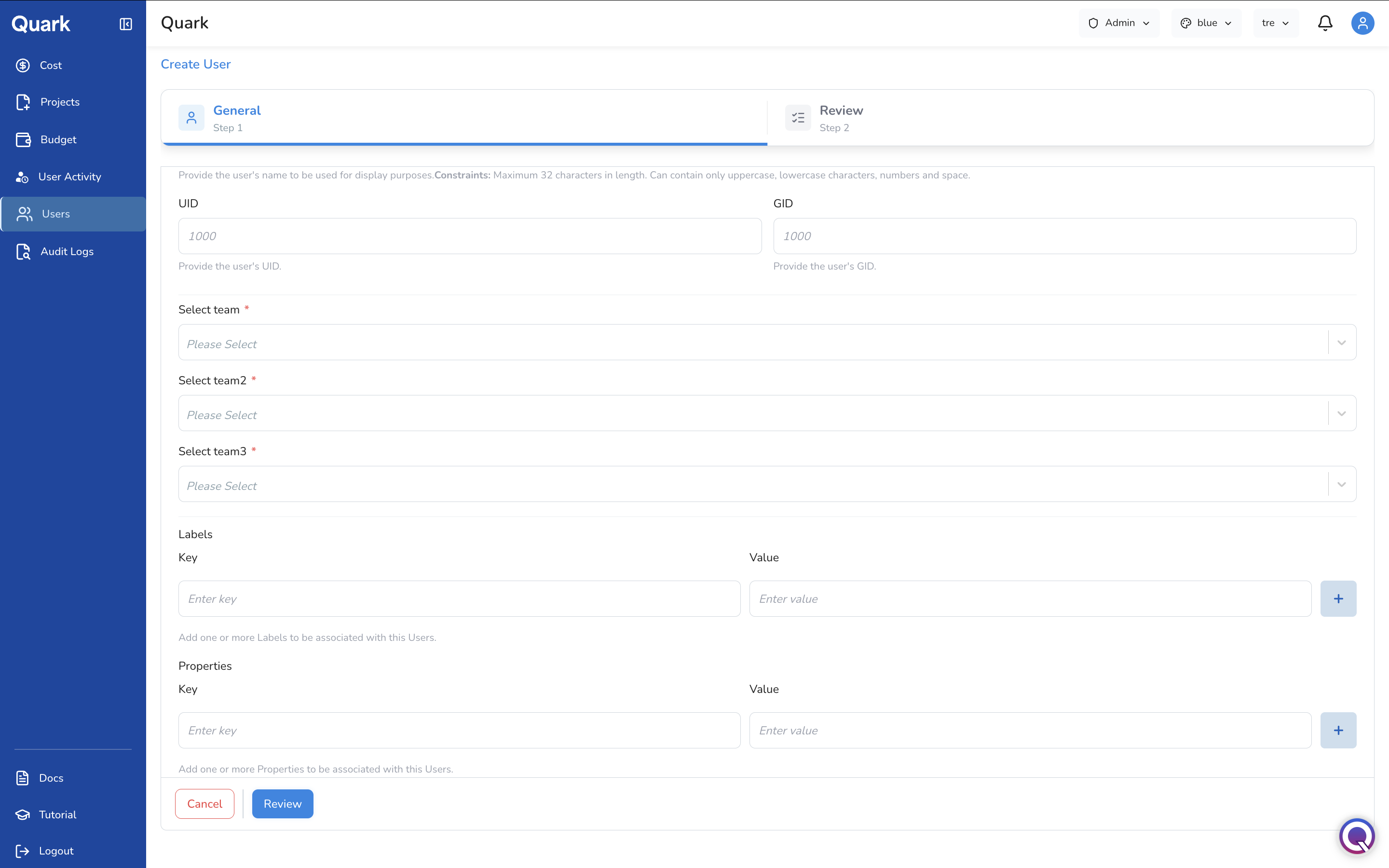Screenshot: Create User form showing