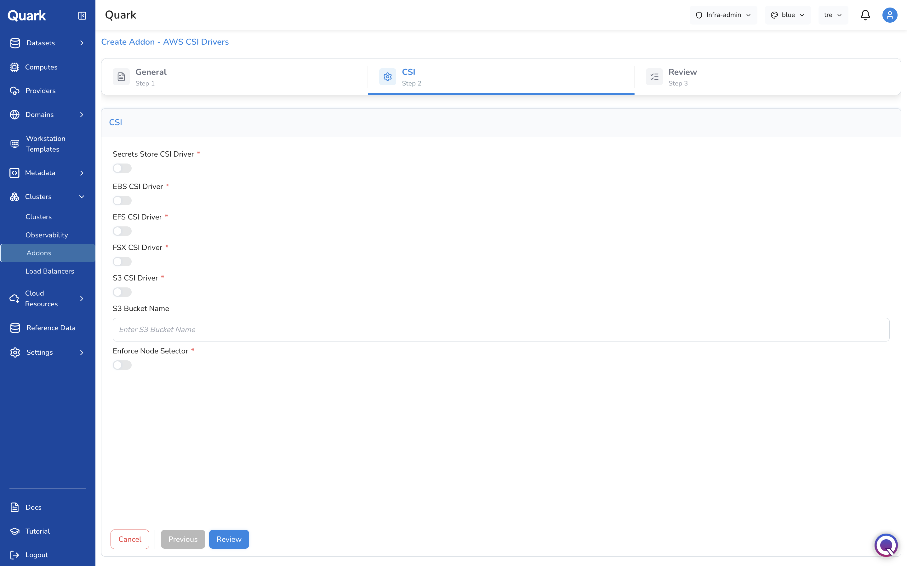 Screenshot: Create Addon - AWS CSI Drivers wizard on Step 2 CSI showing all driver toggles and the S3 Bucket Name and Enforce Node Selector fields