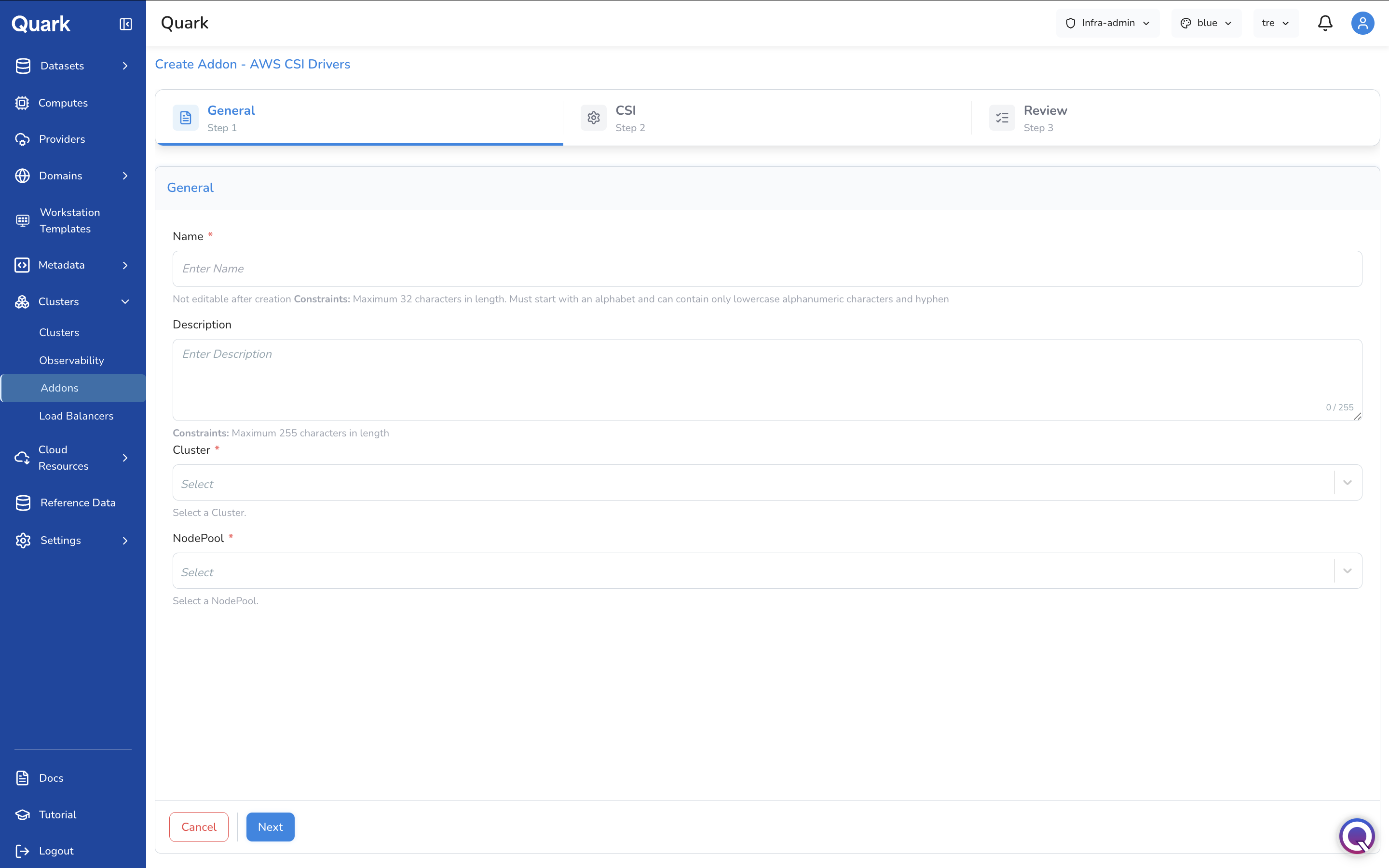 Screenshot: Create Addon - AWS CSI Drivers wizard on Step 1 General showing Name, Description, Cluster, and NodePool fields