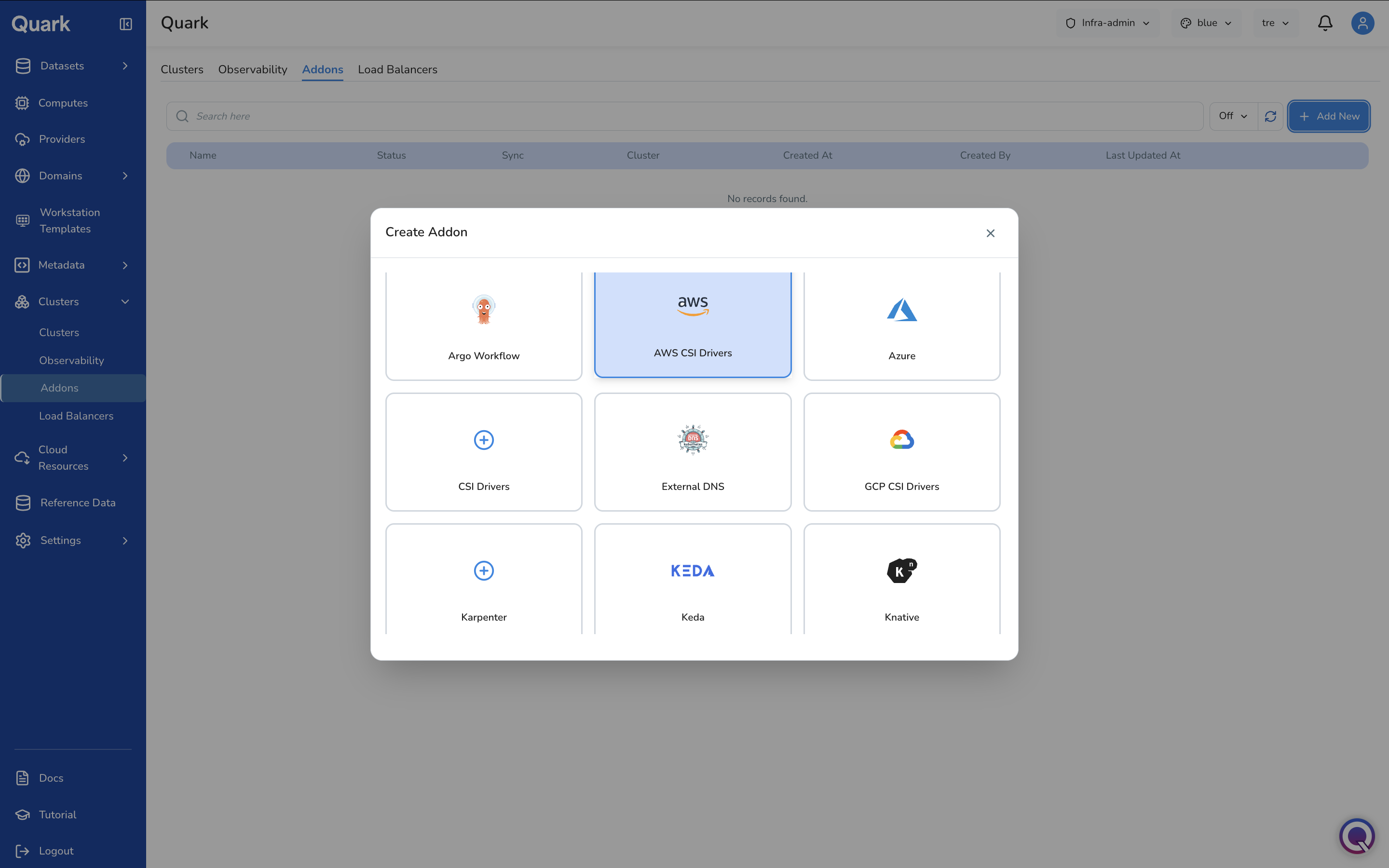 Screenshot: Addons tab with the Create Addon modal open