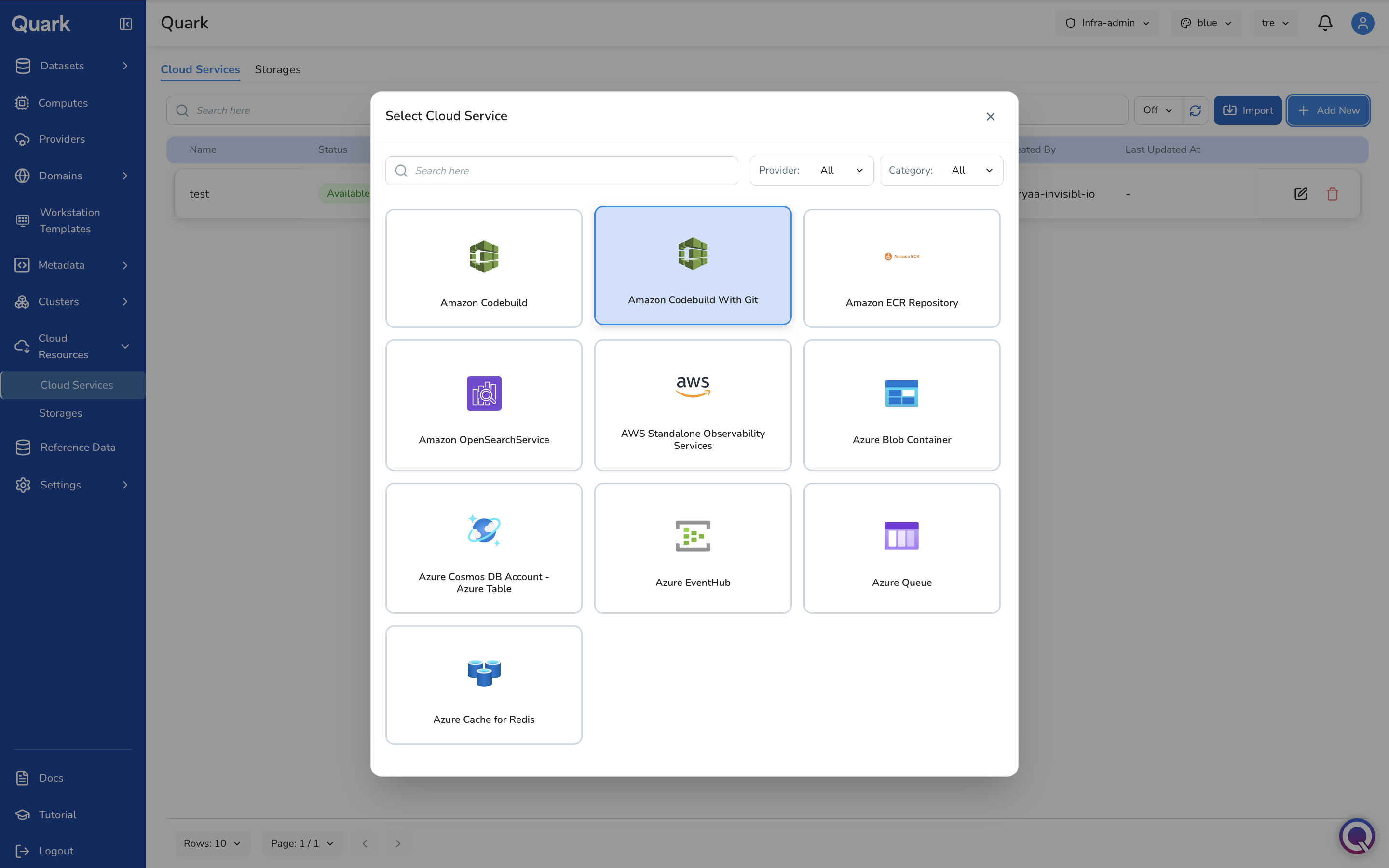 Screenshot: Add New - Select Cloud Service modal showing the full catalogue