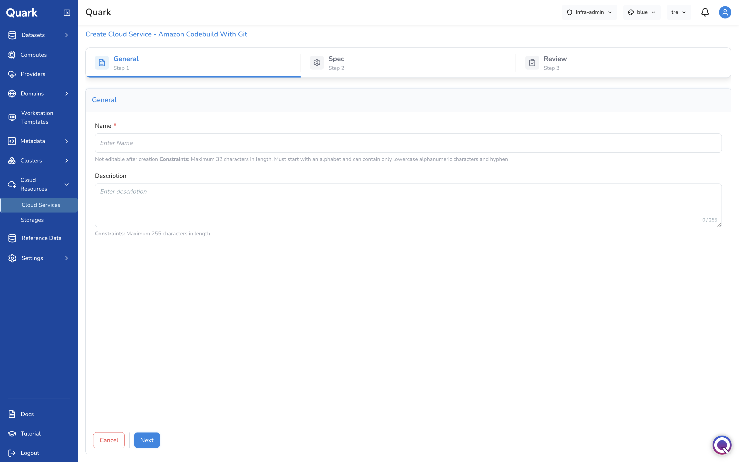 Screenshot: Create Cloud Service - Amazon Codebuild With Git wizard on Step 1 General showing Name and Description fields