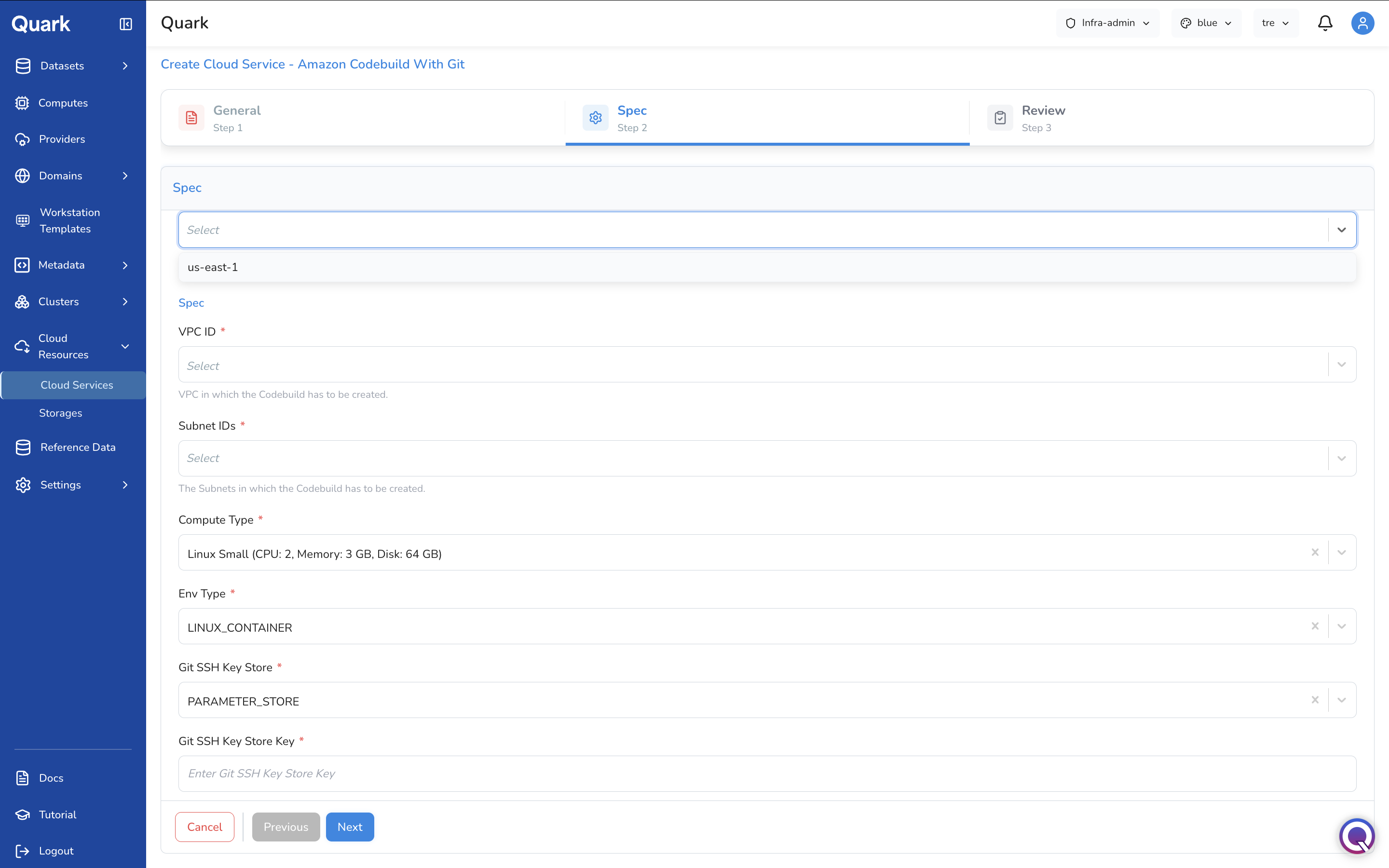 Screenshot: Create Cloud Service - Amazon Codebuild With Git wizard on Step 2 Spec showing Provider, Region, VPC ID, Subnet IDs, Compute Type, and Env Type fields