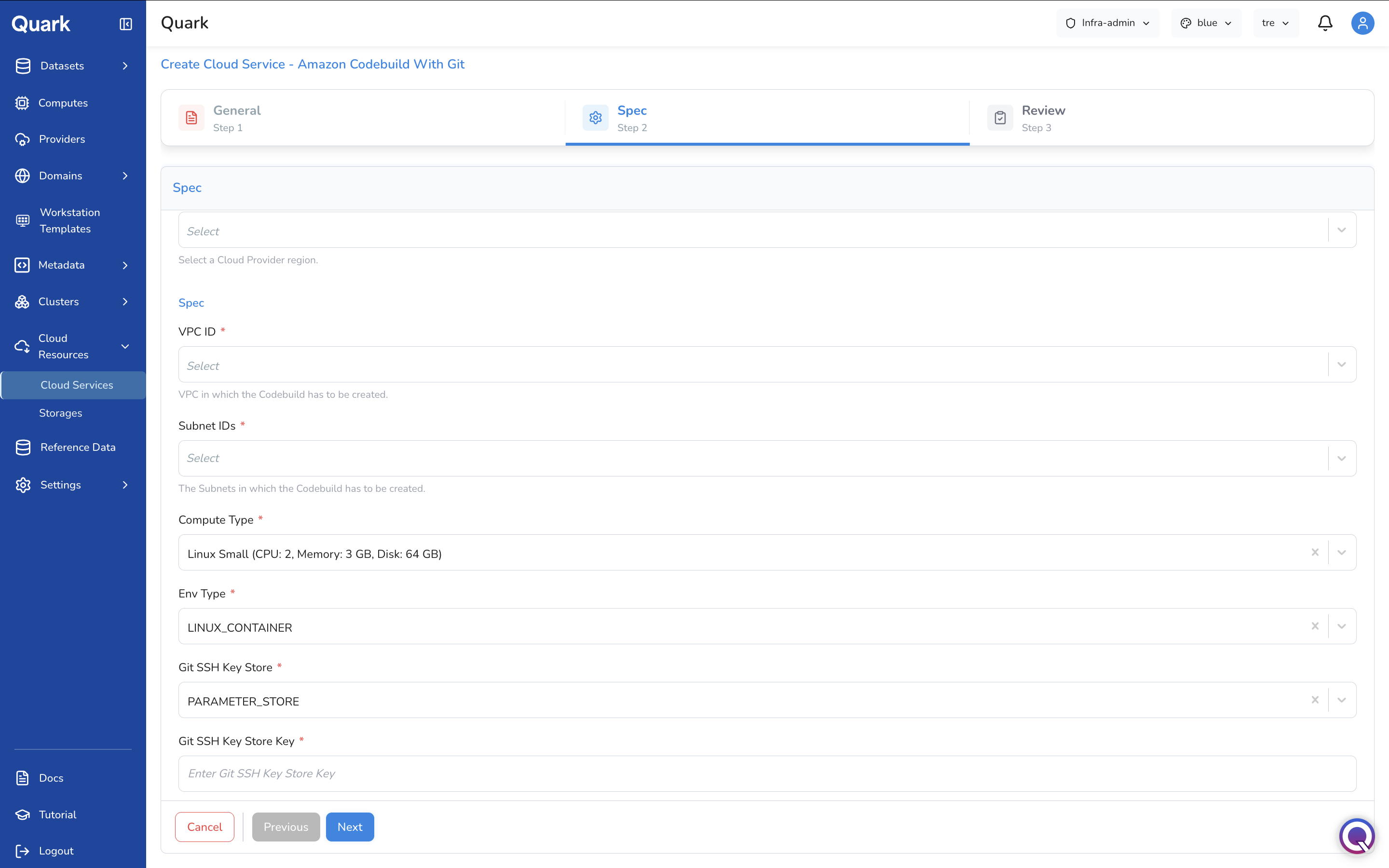 Screenshot: Create Cloud Service - Amazon Codebuild With Git wizard on Step 2 Spec scrolled to show Git SSH Key Store and Git SSH Key Store Key fields