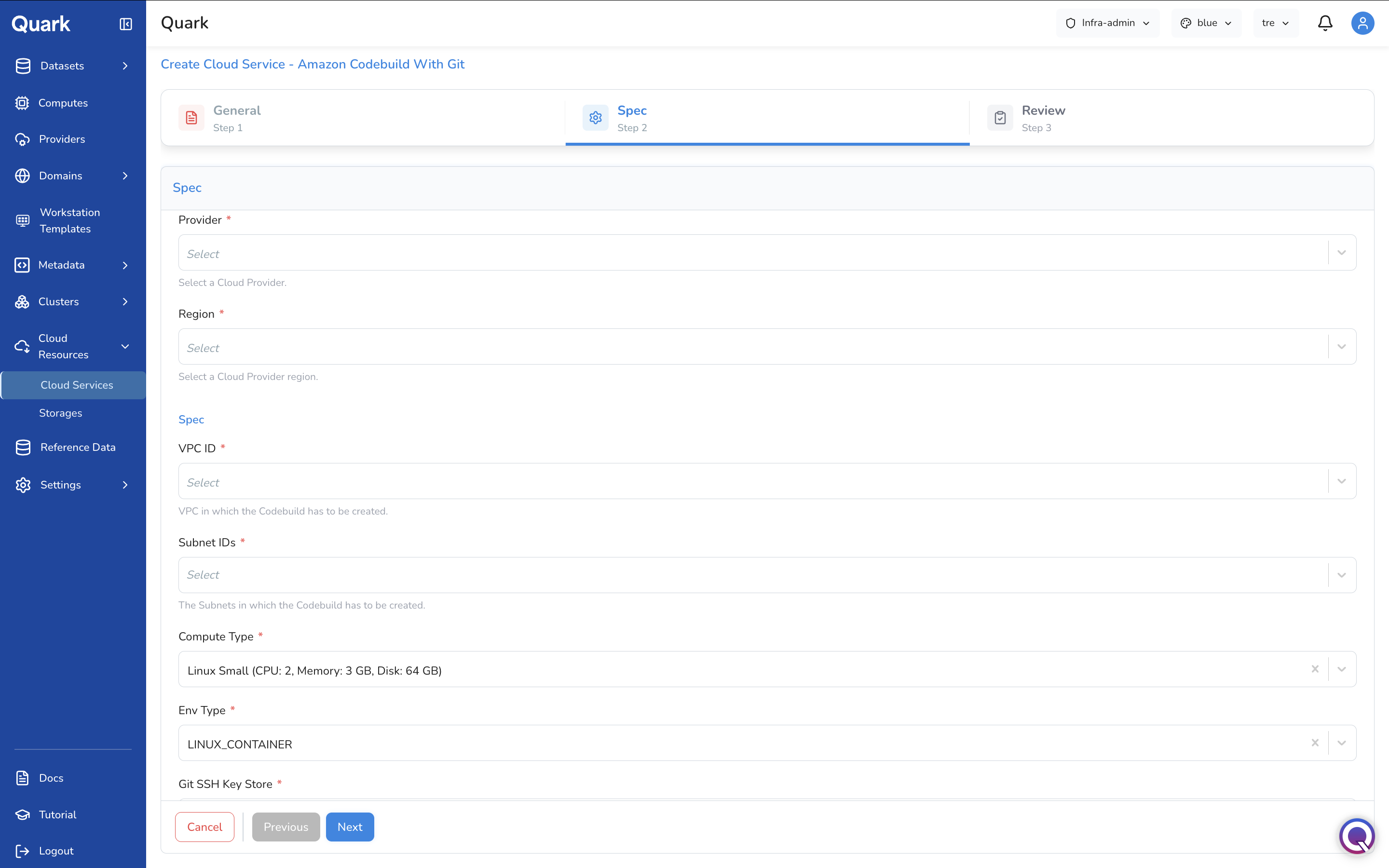 Screenshot: Create Cloud Service - Amazon Codebuild With Git wizard on Step 2 Spec scrolled to show Git SSH Key Store and Git SSH Key Store Key fields