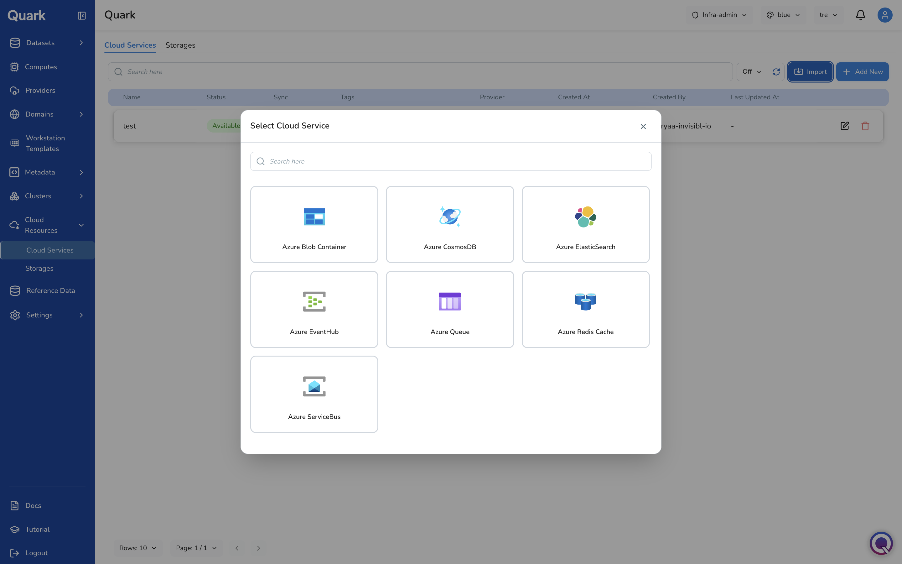 Screenshot: Import - Select Cloud Service modal showing available service types