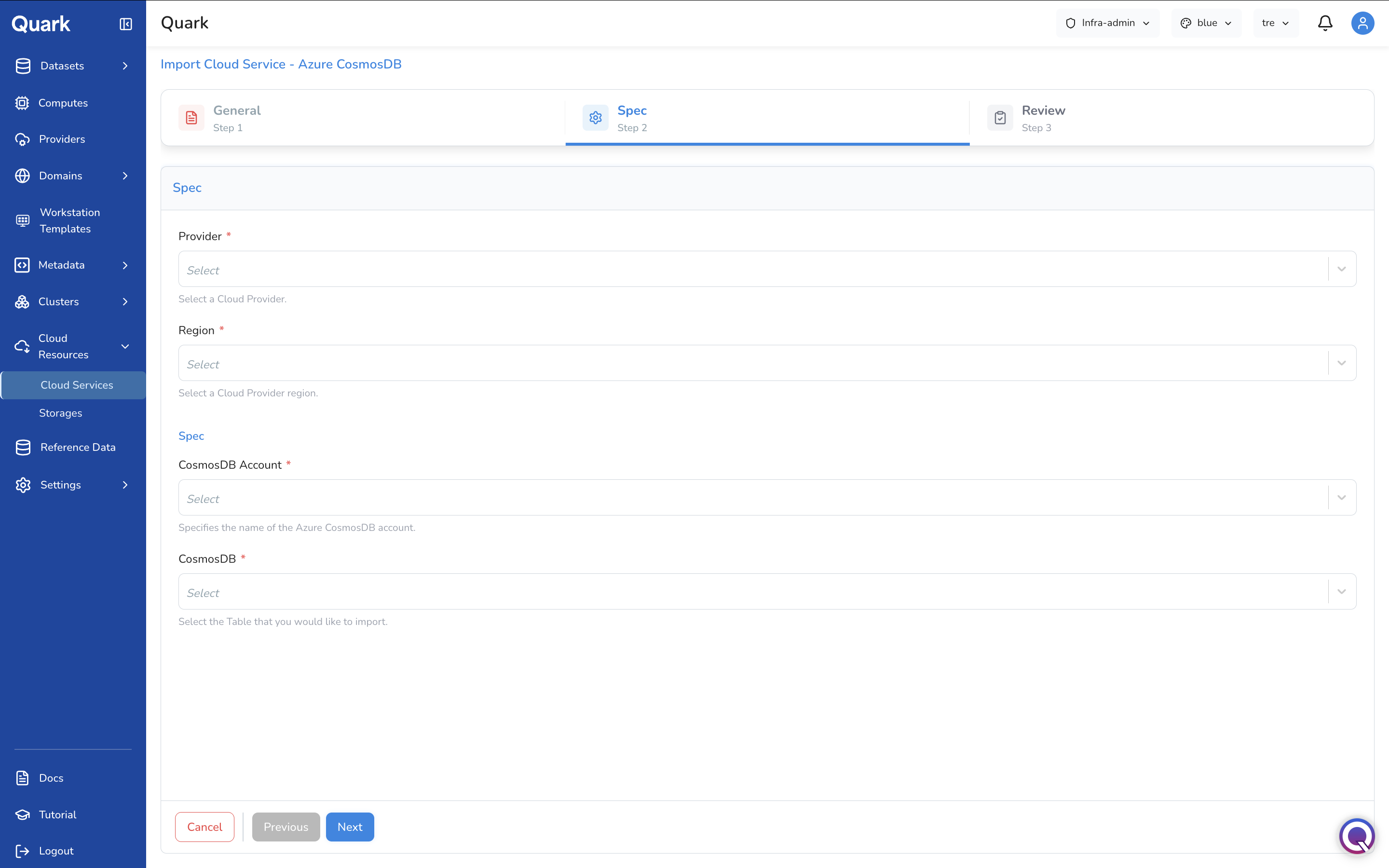 Screenshot: Import Cloud Service - Azure CosmosDB wizard on Step 2 Spec showing Provider, Region, CosmosDB Account, and CosmosDB fields