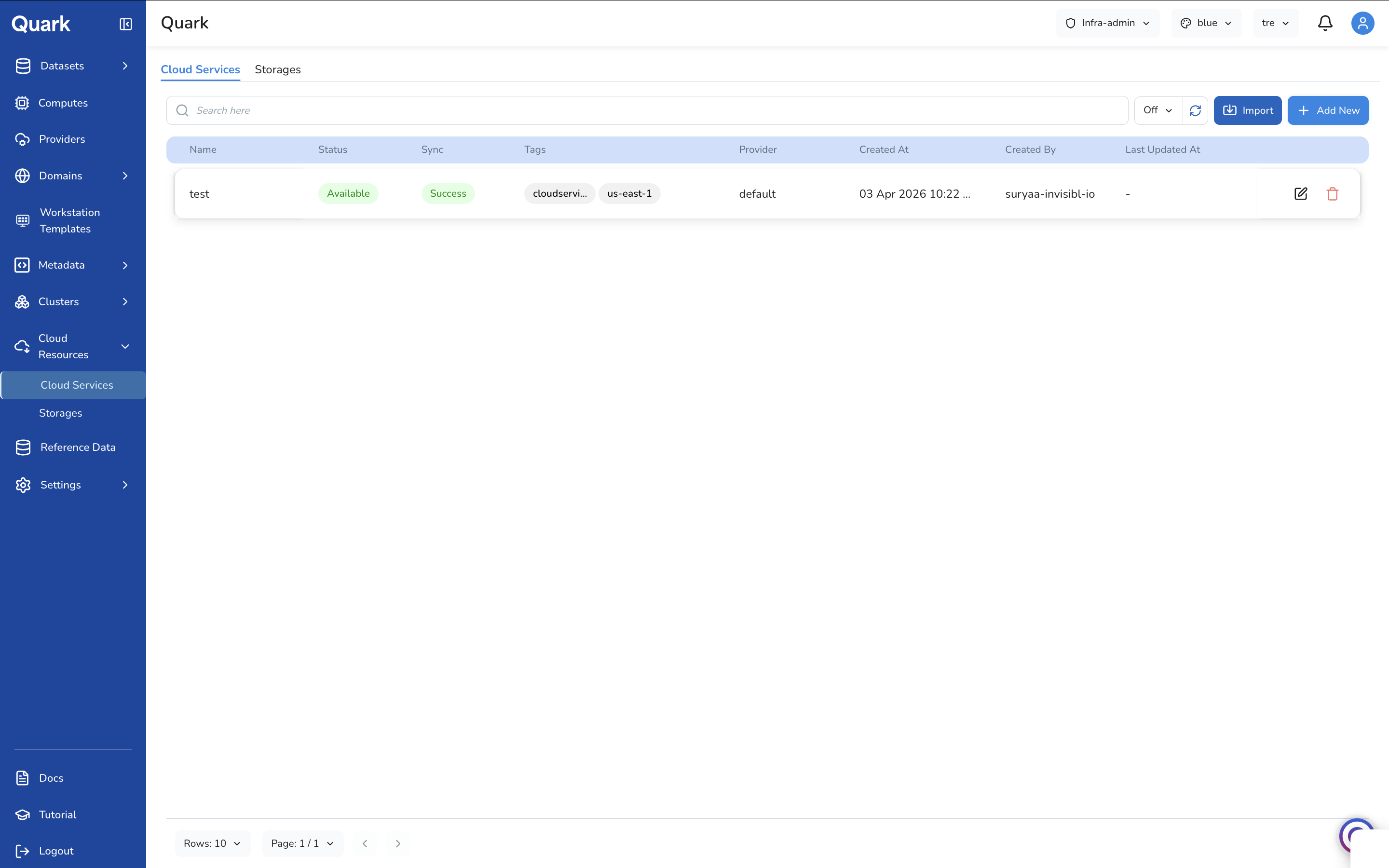 Screenshot: Cloud Services tab showing the list of registered cloud services with all columns and row action icons visible