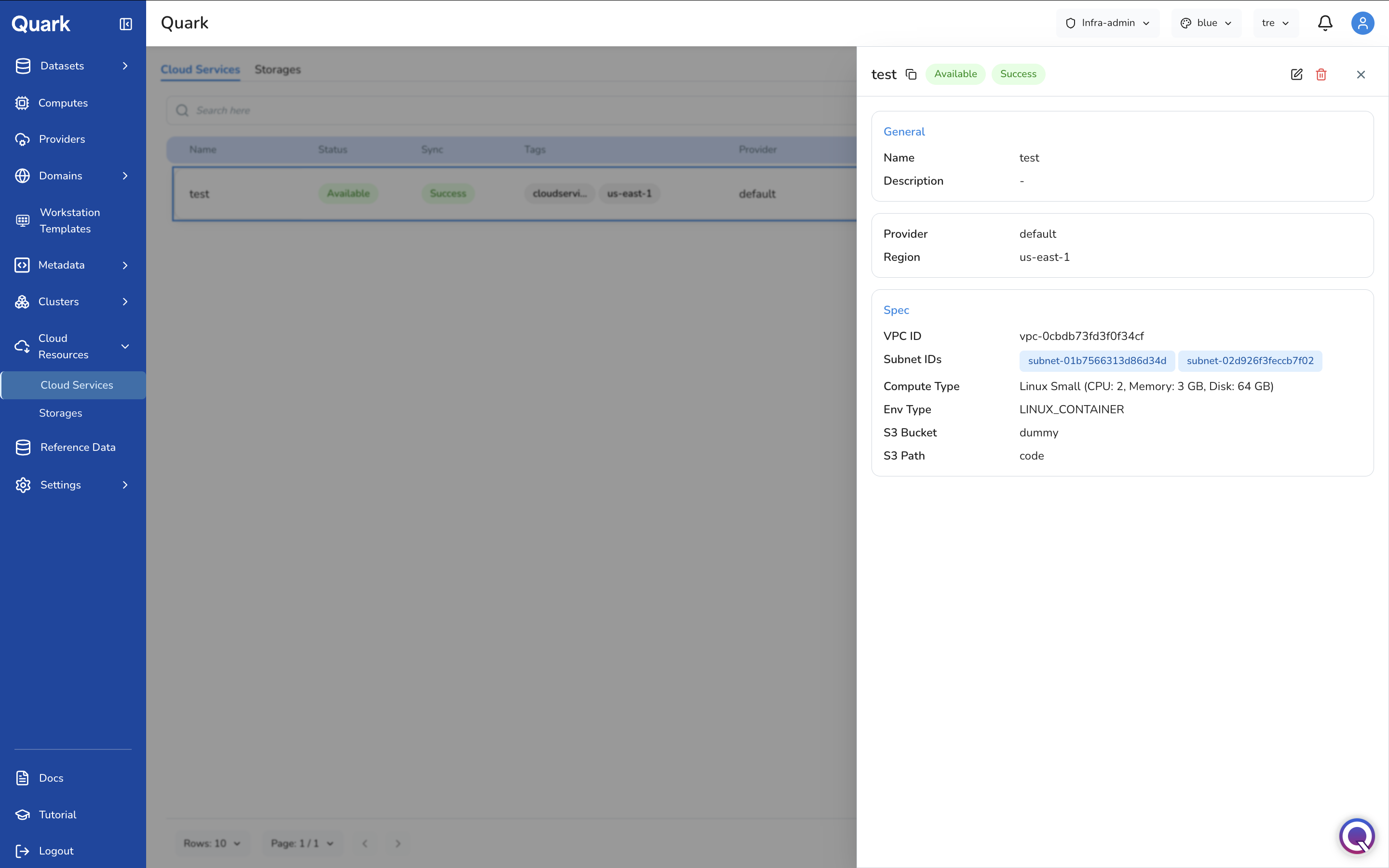 Screenshot: Cloud Services list with the detail pane open on the right, showing General, Provider, Region, and Spec sections for a selected cloud service
