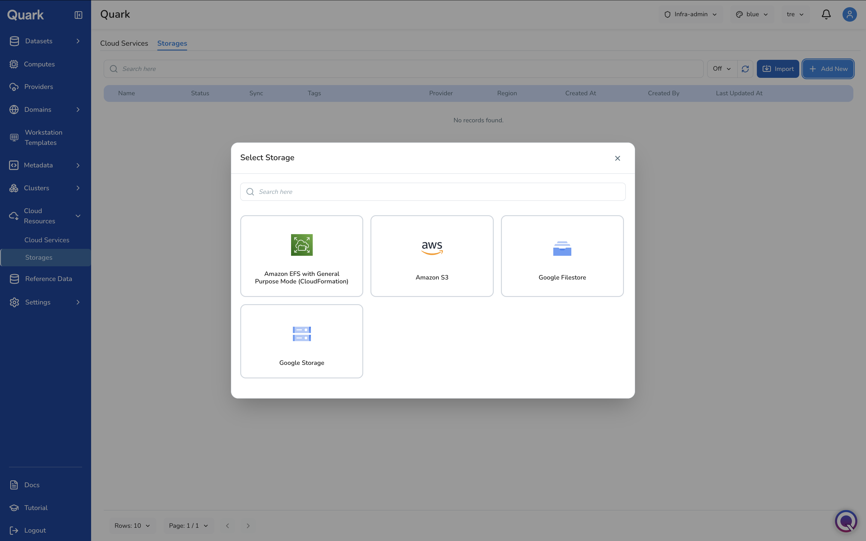 Screenshot: Add New - Select Storage modal