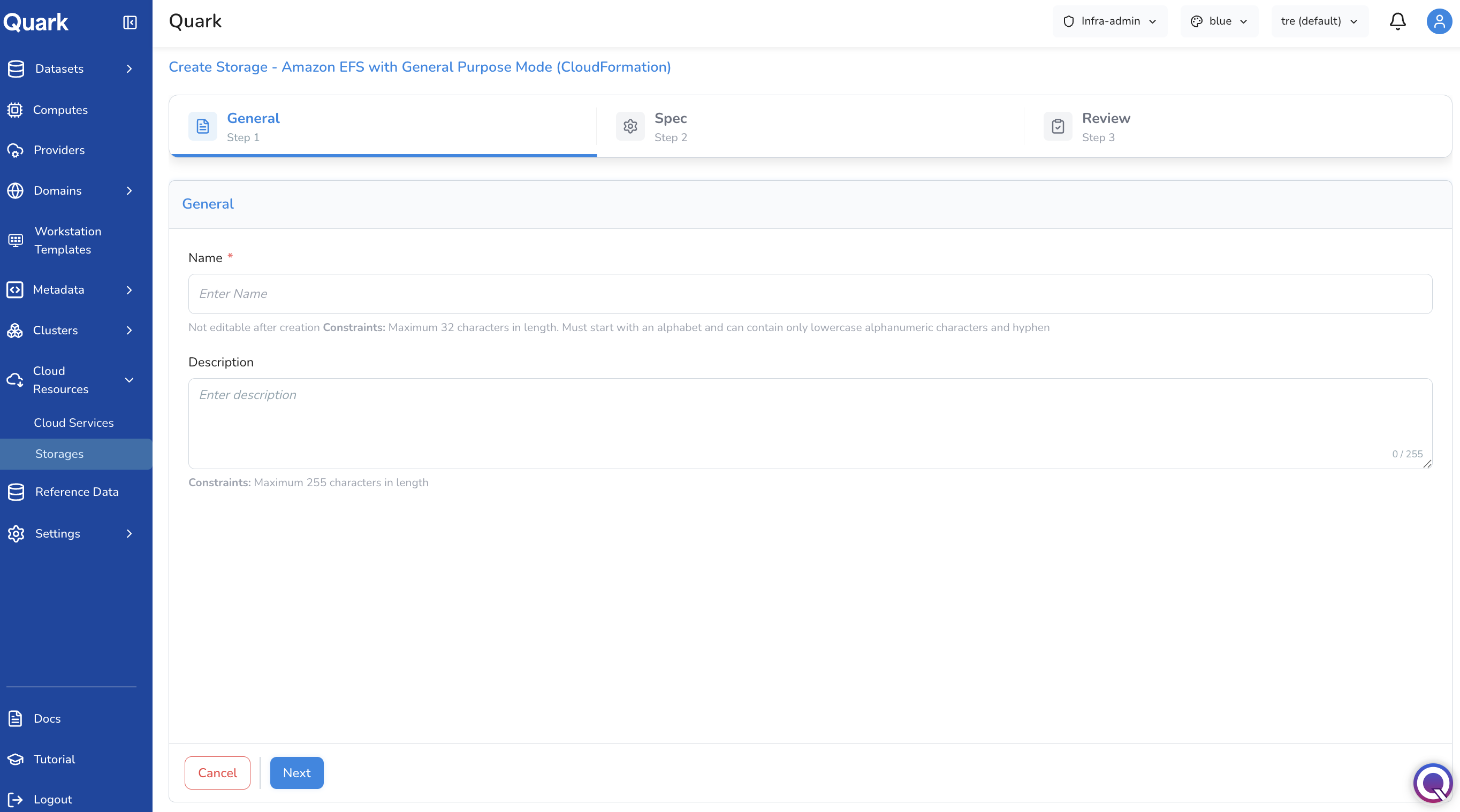 Screenshot: Create Storage - Google Filestore wizard on Step 1 General showing Name and Description fields