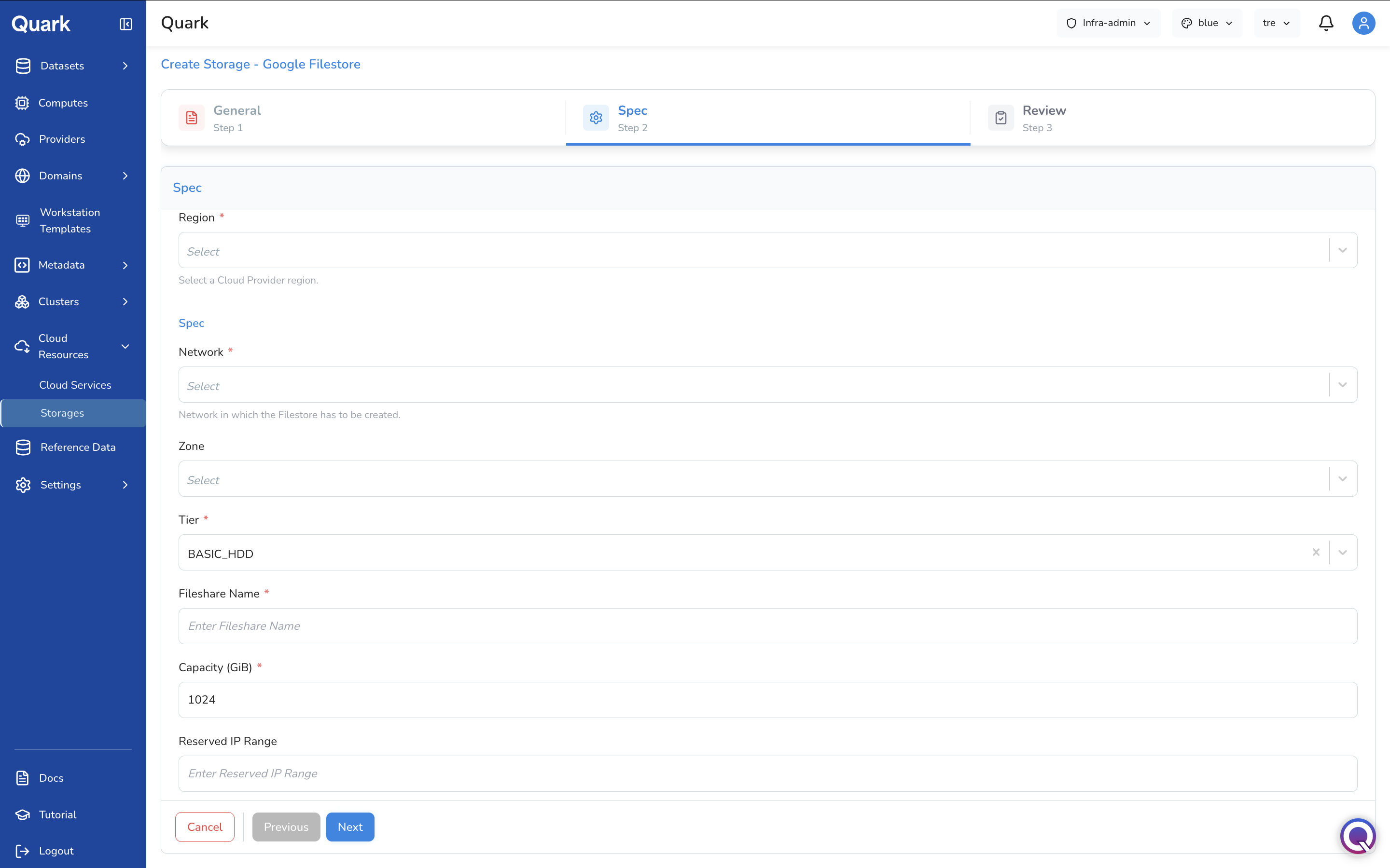 Screenshot: Create Storage - Google Filestore wizard on Step 2 Spec showing Provider, Region, Network, Zone, Tier, and Fileshare Name fields