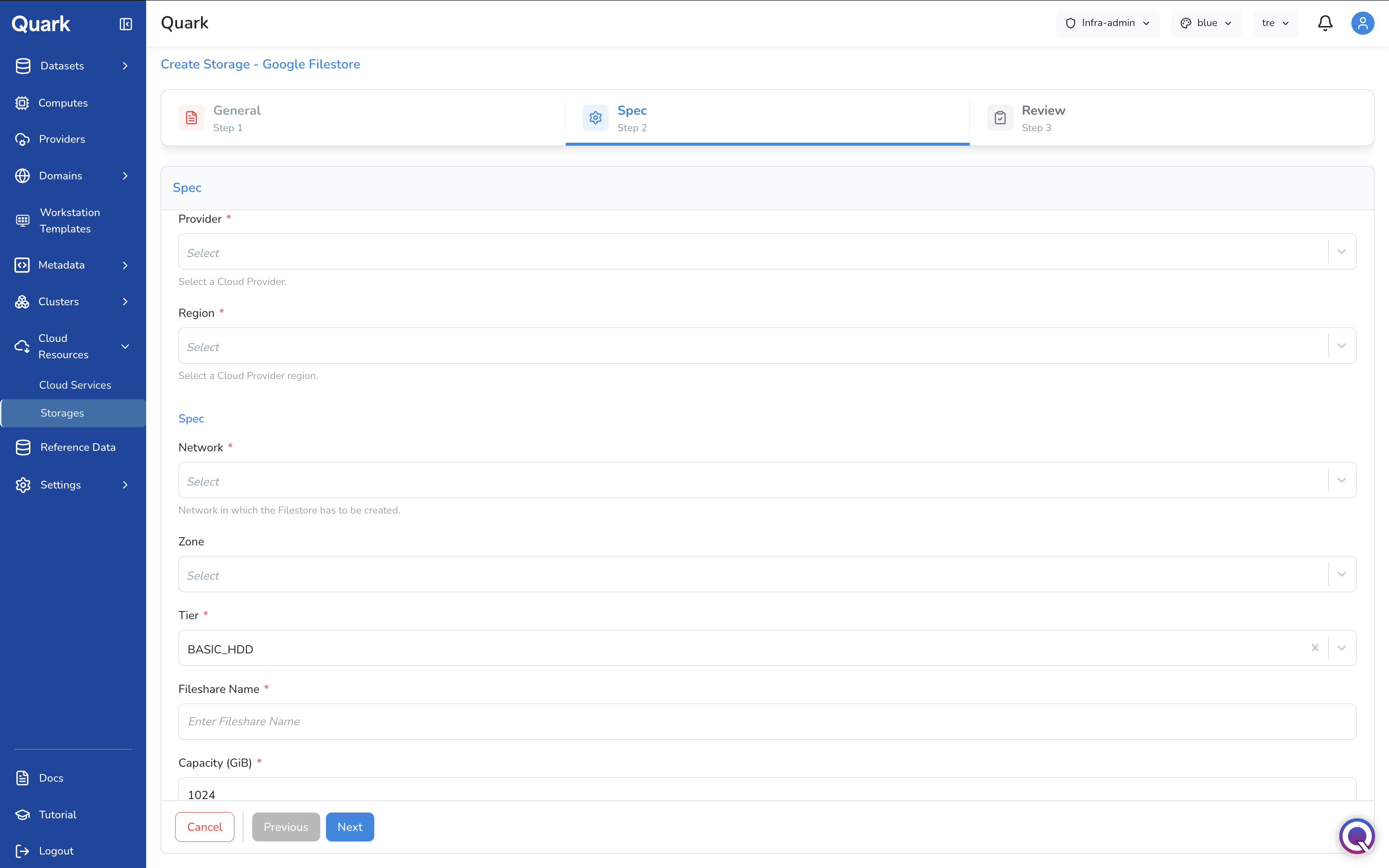 Screenshot: Create Storage - Google Filestore wizard on Step 2 Spec scrolled to show Capacity and Reserved IP Range fields
