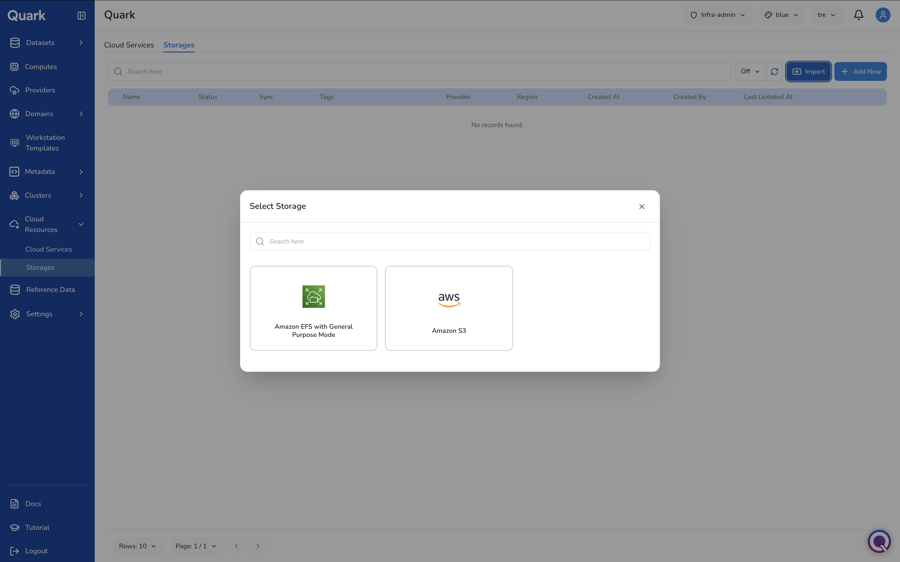 Screenshot: Import - Select Storage modal showing Amazon EFS with General Purpose Mode and Amazon S3 tiles