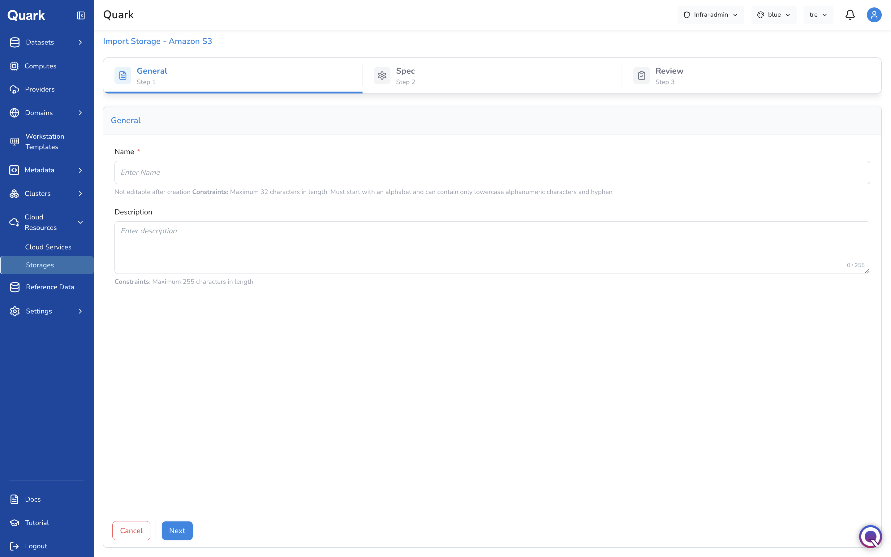 Screenshot: Import Storage - Amazon S3 wizard on Step 1 General showing Name and Description fields