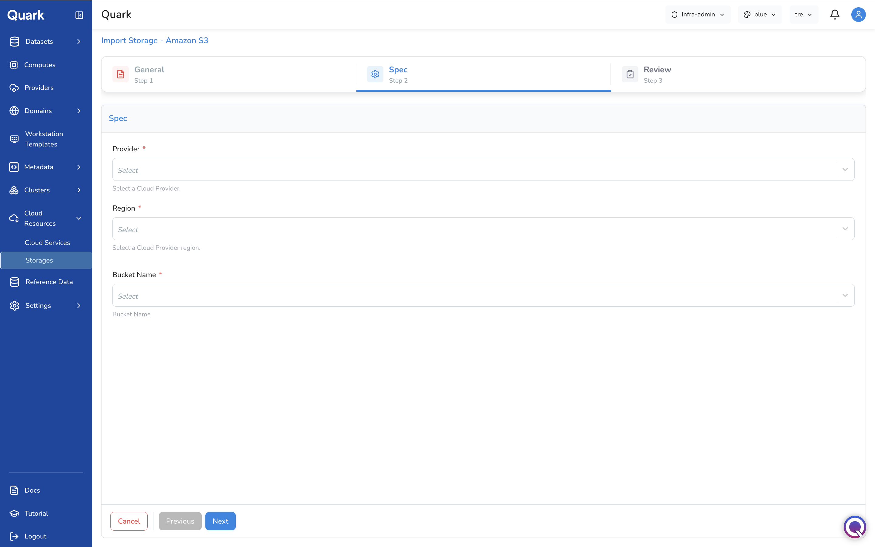 Screenshot: Import Storage - Amazon S3 wizard on Step 2 Spec showing Provider, Region, and Bucket Name fields