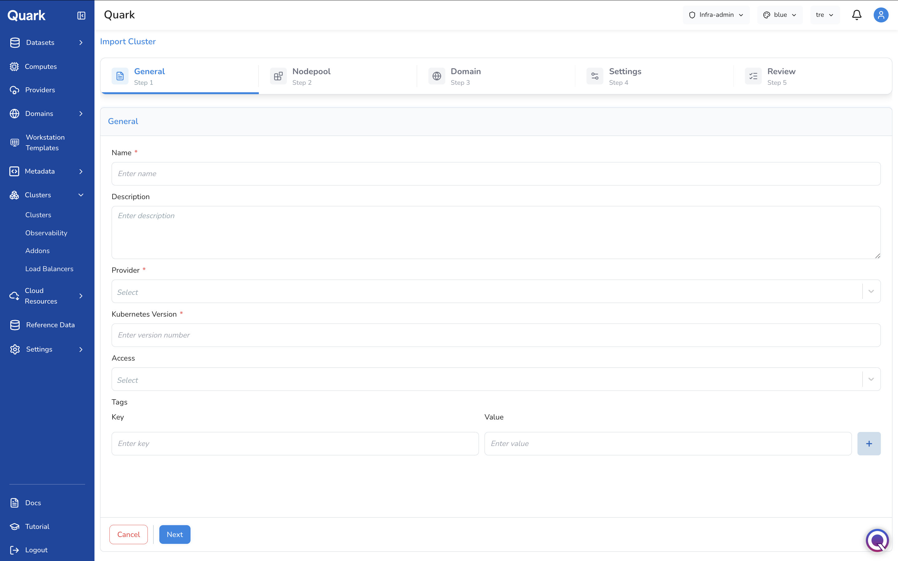 Screenshot: Import Cluster wizard on Step 1 General, showing Name, Description, Provider, Kubernetes Version, Access, and Tags fields