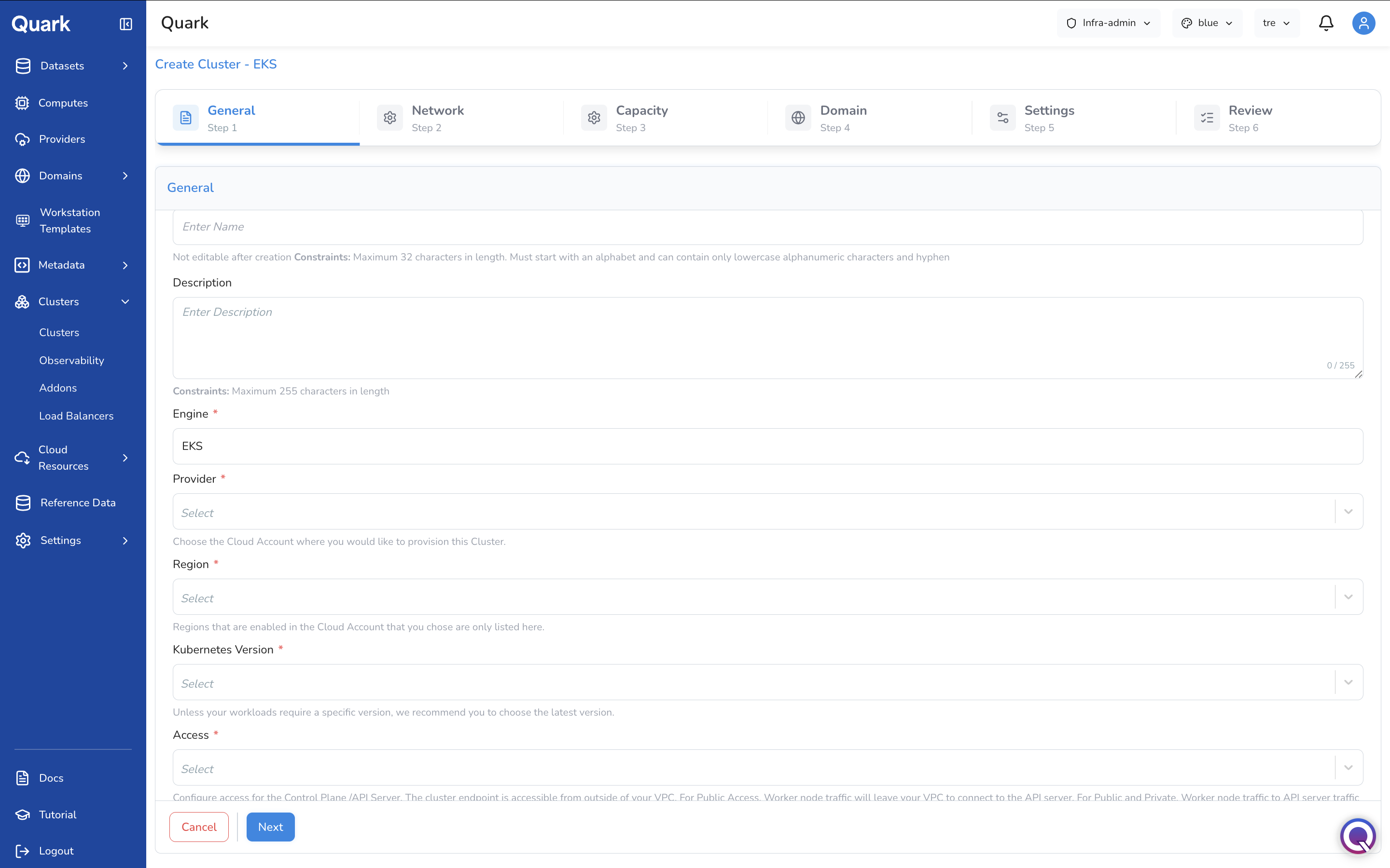 Screenshot: Create Cluster - EKS wizard on Step 1 General showing the top fields: Name, Description, Engine, Provider, Region, and Kubernetes Version