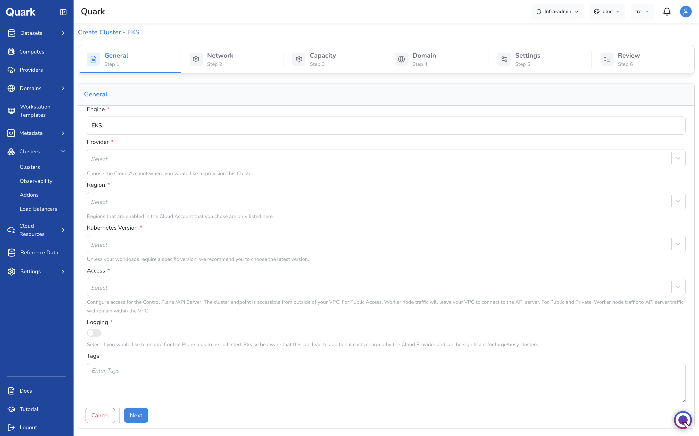 Screenshot: Create Cluster - EKS wizard on Step 1 General scrolled to show Access, Logging, and Tags fields