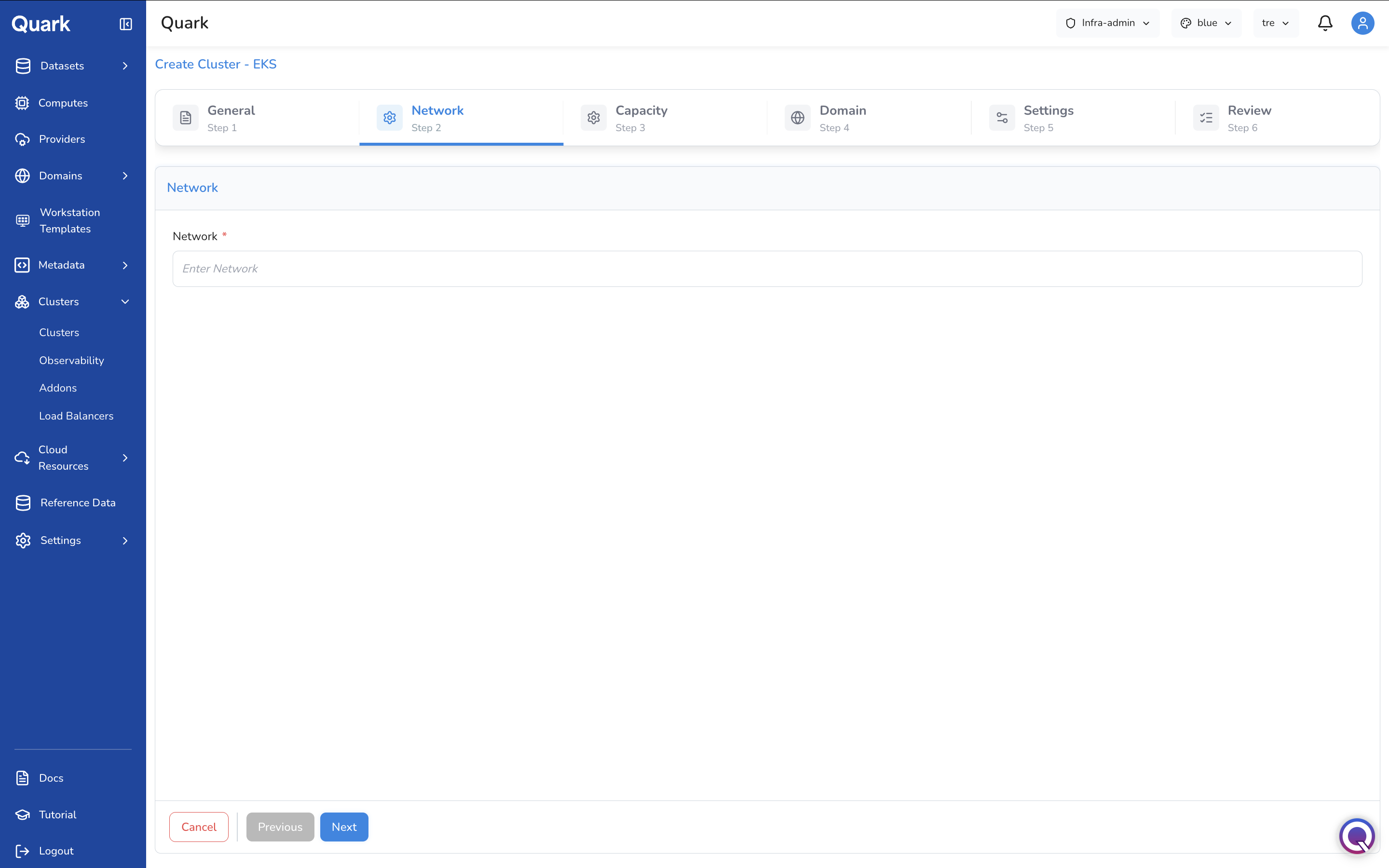 Screenshot: Create Cluster - EKS wizard on Step 2 Network showing the Network field