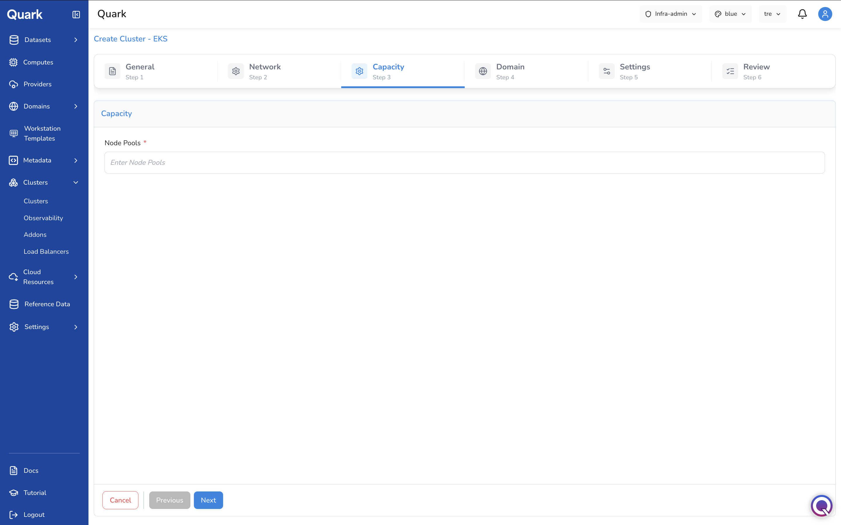 Screenshot: Create Cluster - EKS wizard on Step 3 Capacity showing the Node Pools field