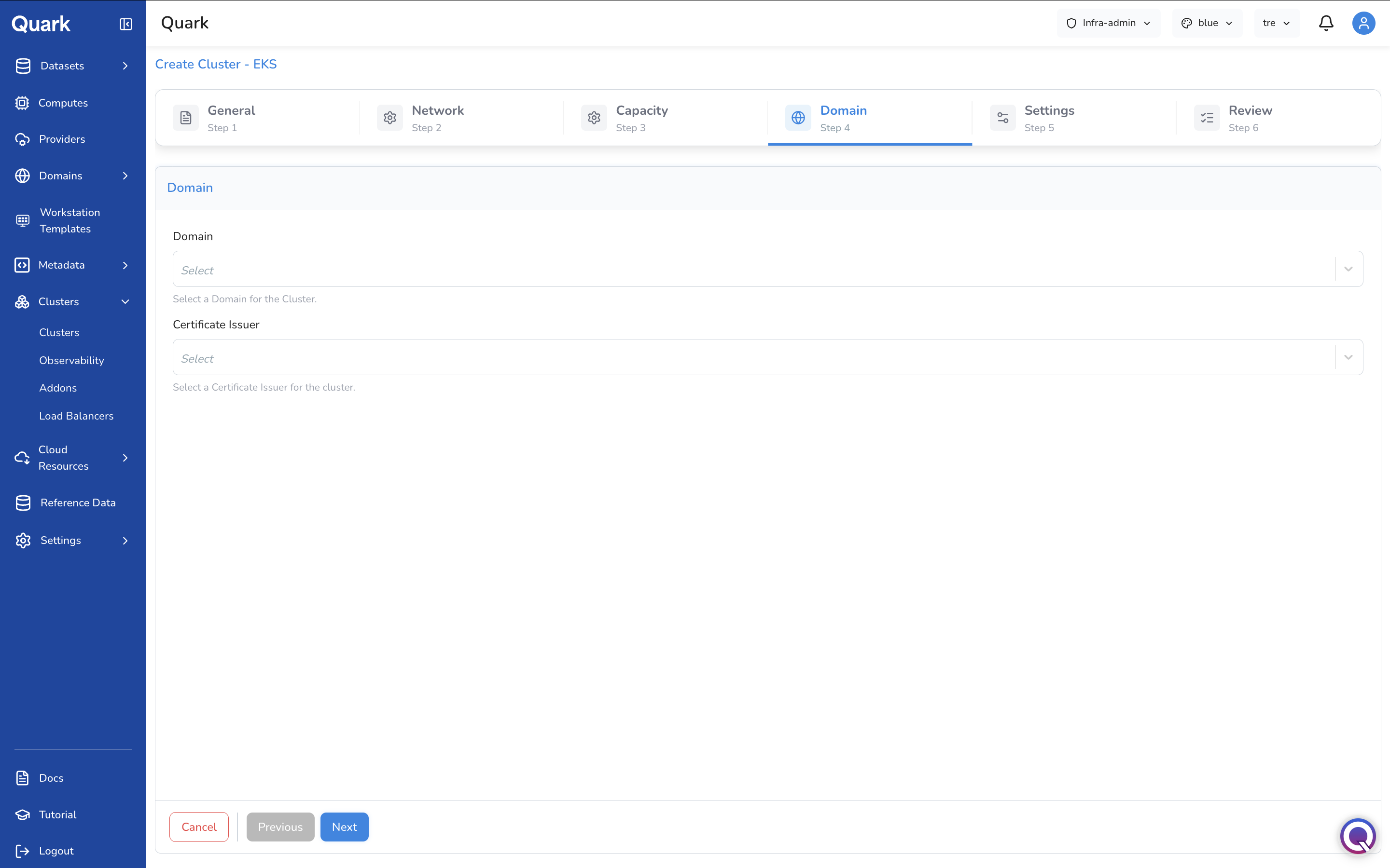 Screenshot: Create Cluster - EKS wizard on Step 4 Domain showing Domain and Certificate Issuer dropdowns