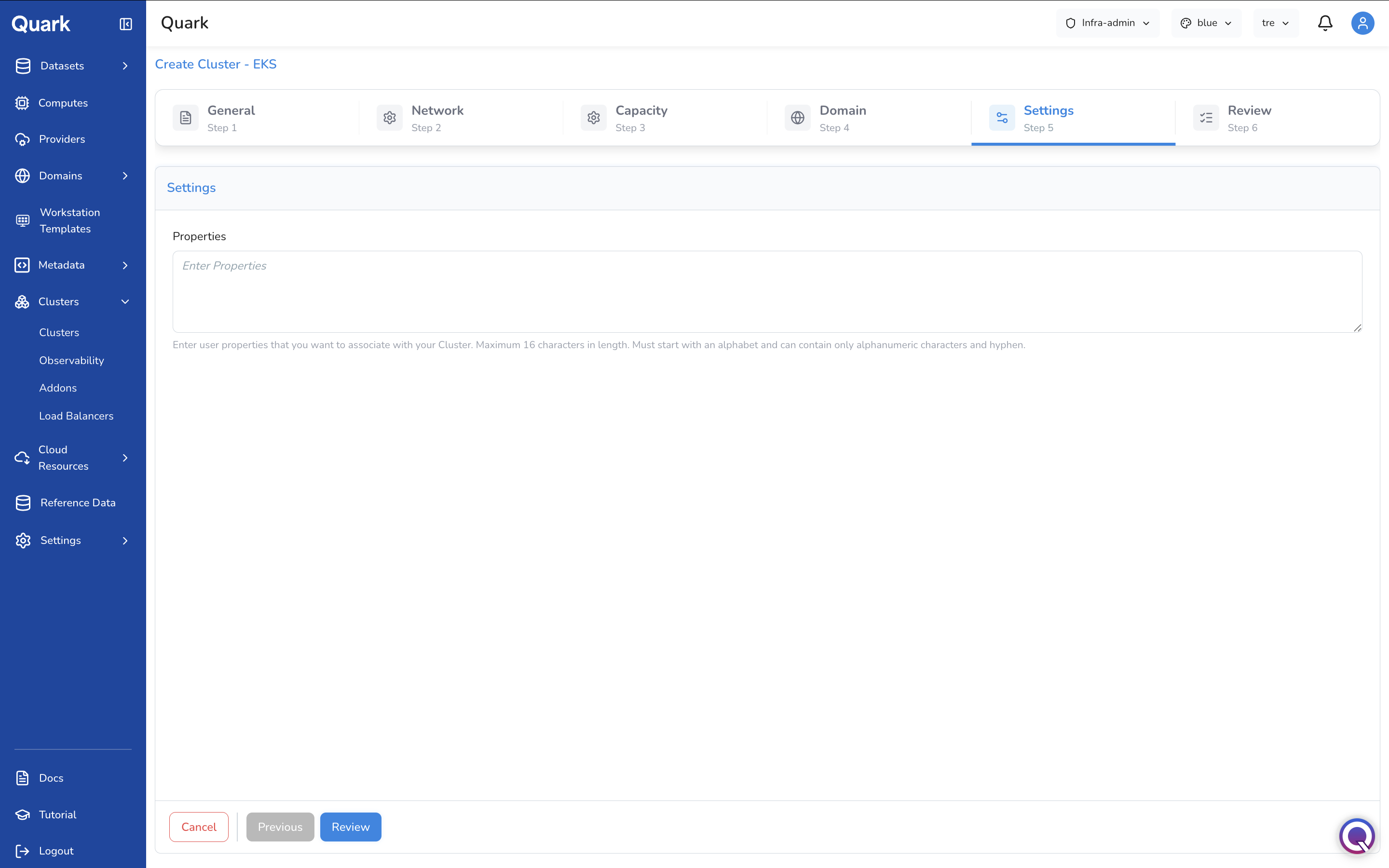 Screenshot: Create Cluster - EKS wizard on Step 5 Settings showing the Properties text area
