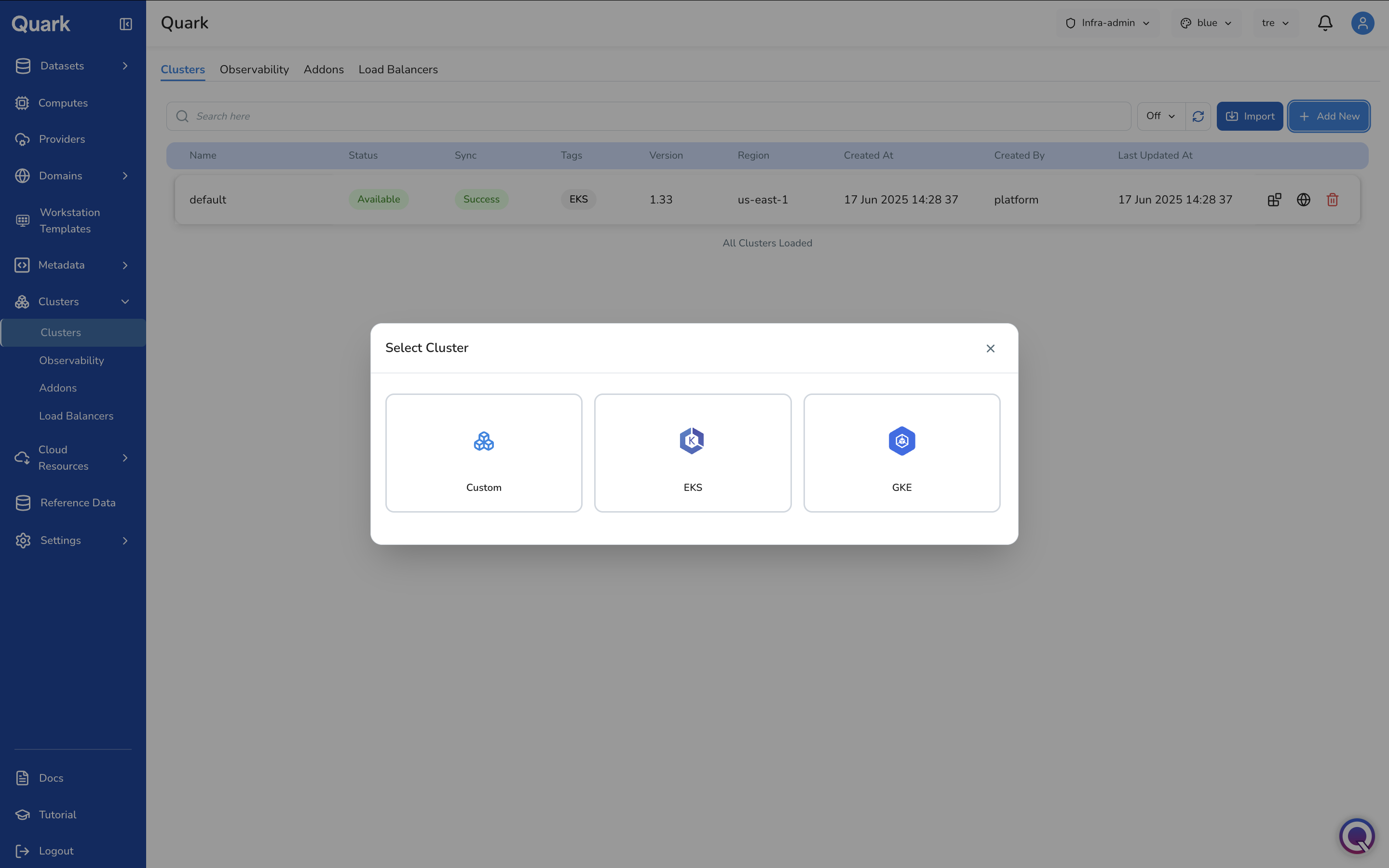 Screenshot: Select Cluster modal showing Custom, EKS, and GKE tiles