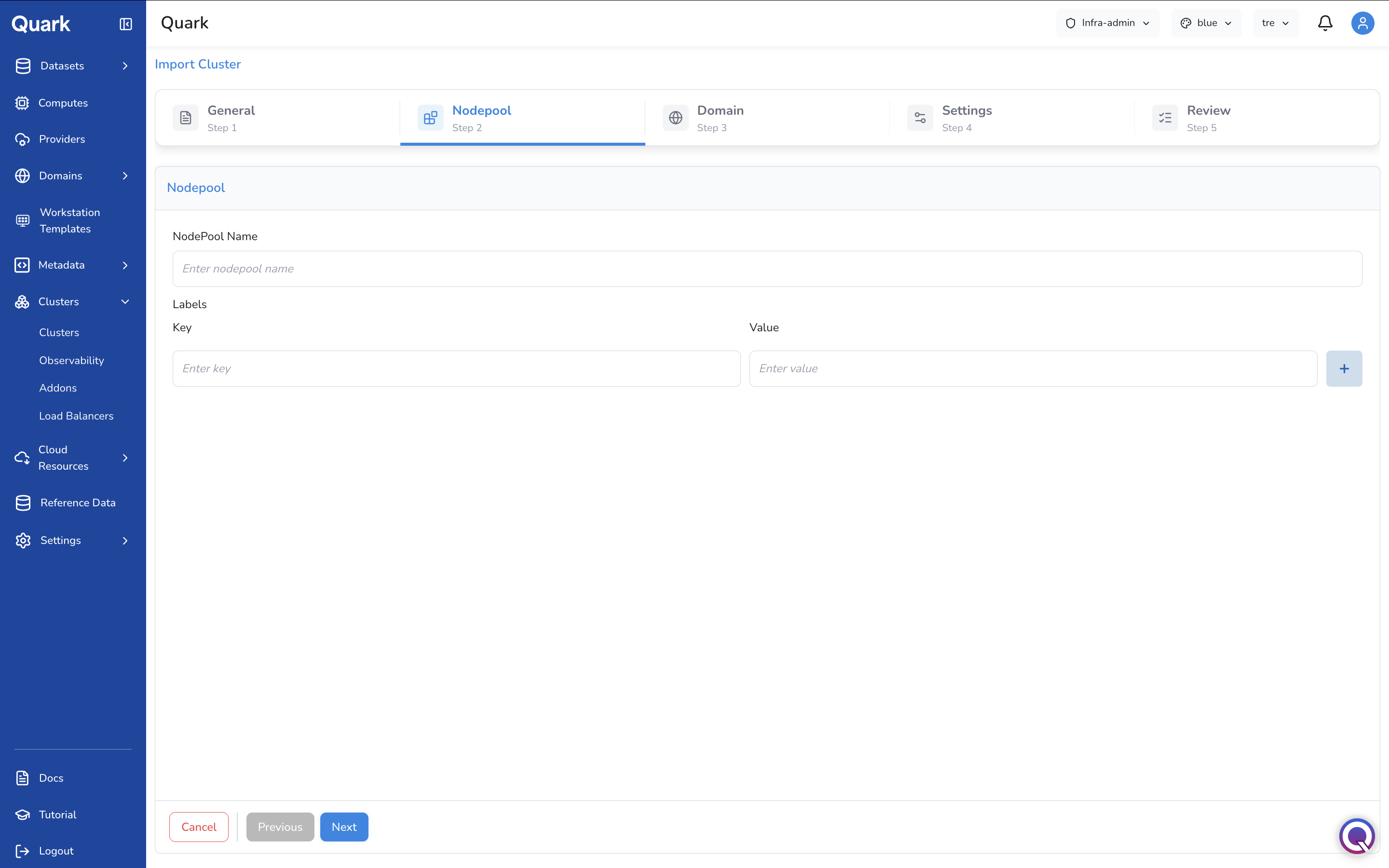 Screenshot: Import Cluster wizard on Step 2 Nodepool, showing NodePool Name and Labels fields