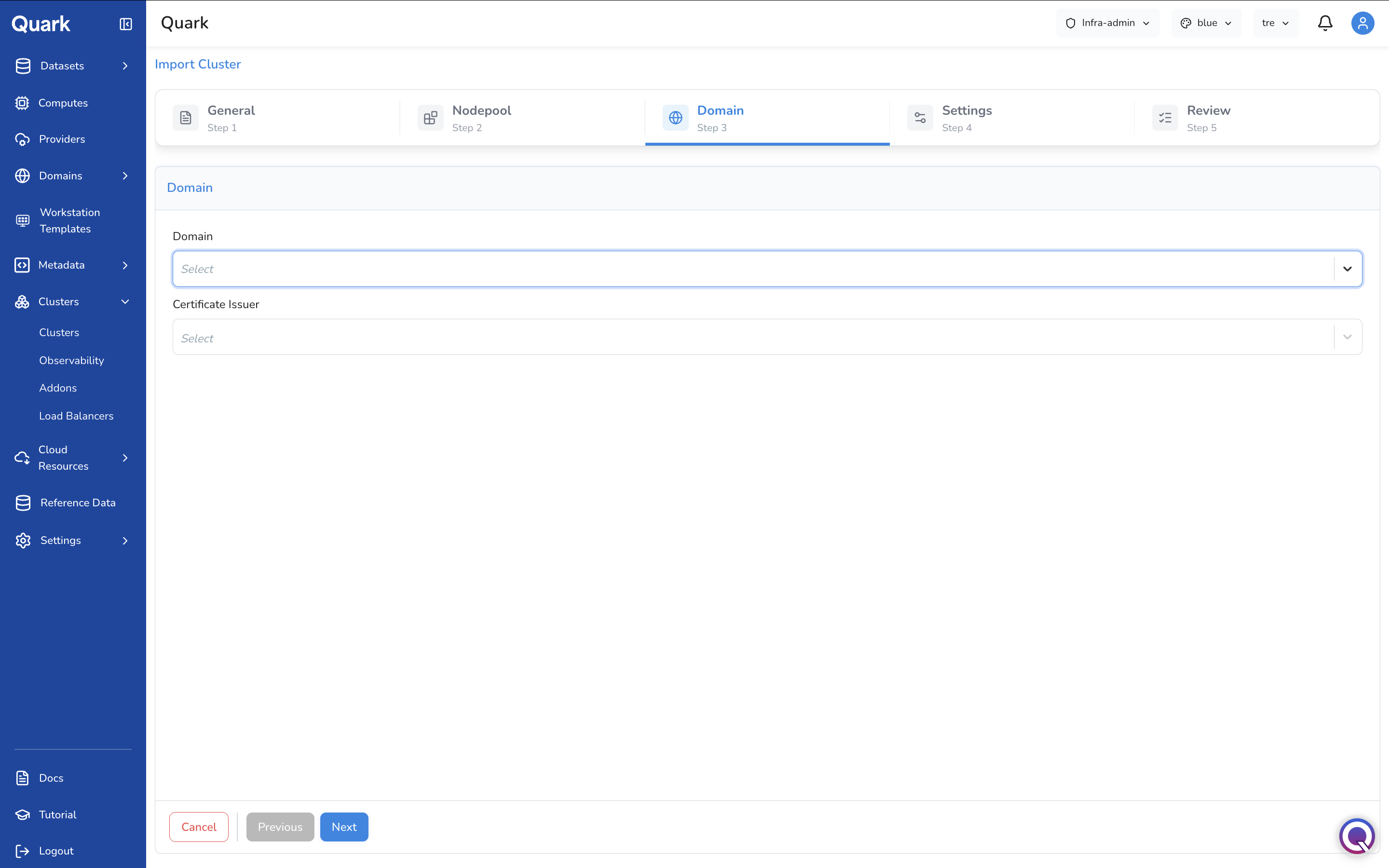 Screenshot: Import Cluster wizard on Step 3 Domain, showing Domain and Certificate Issuer dropdowns