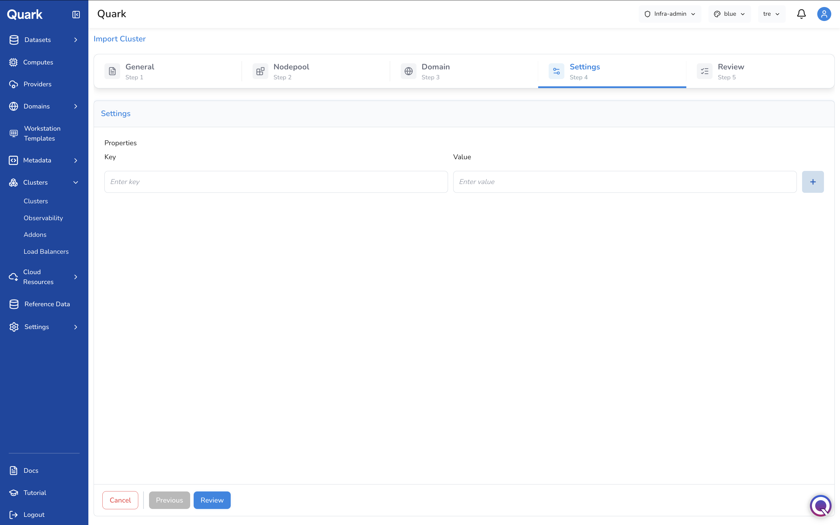 Screenshot: Import Cluster wizard on Step 4 Settings, showing the Properties key-value input