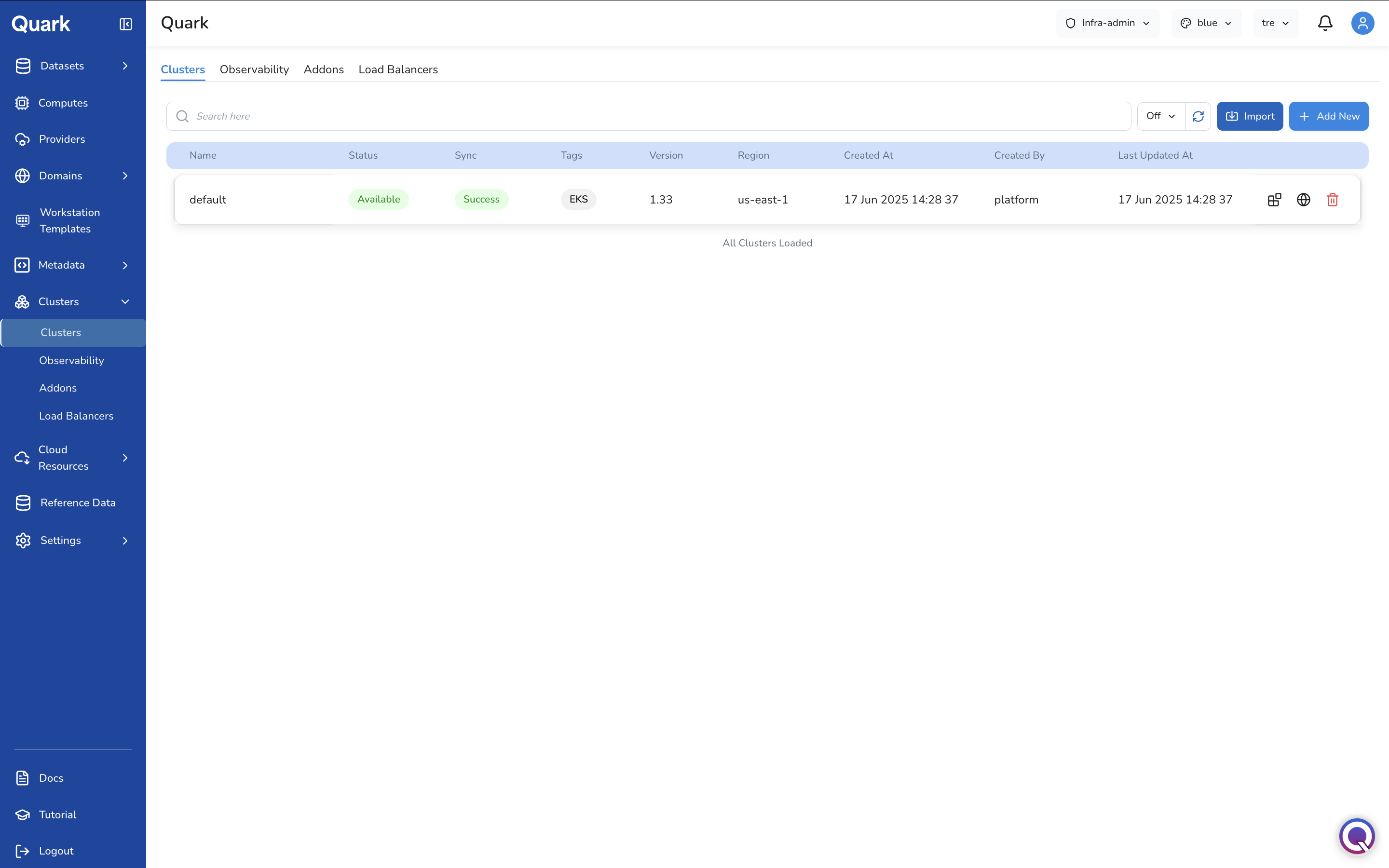 Screenshot: Clusters tab