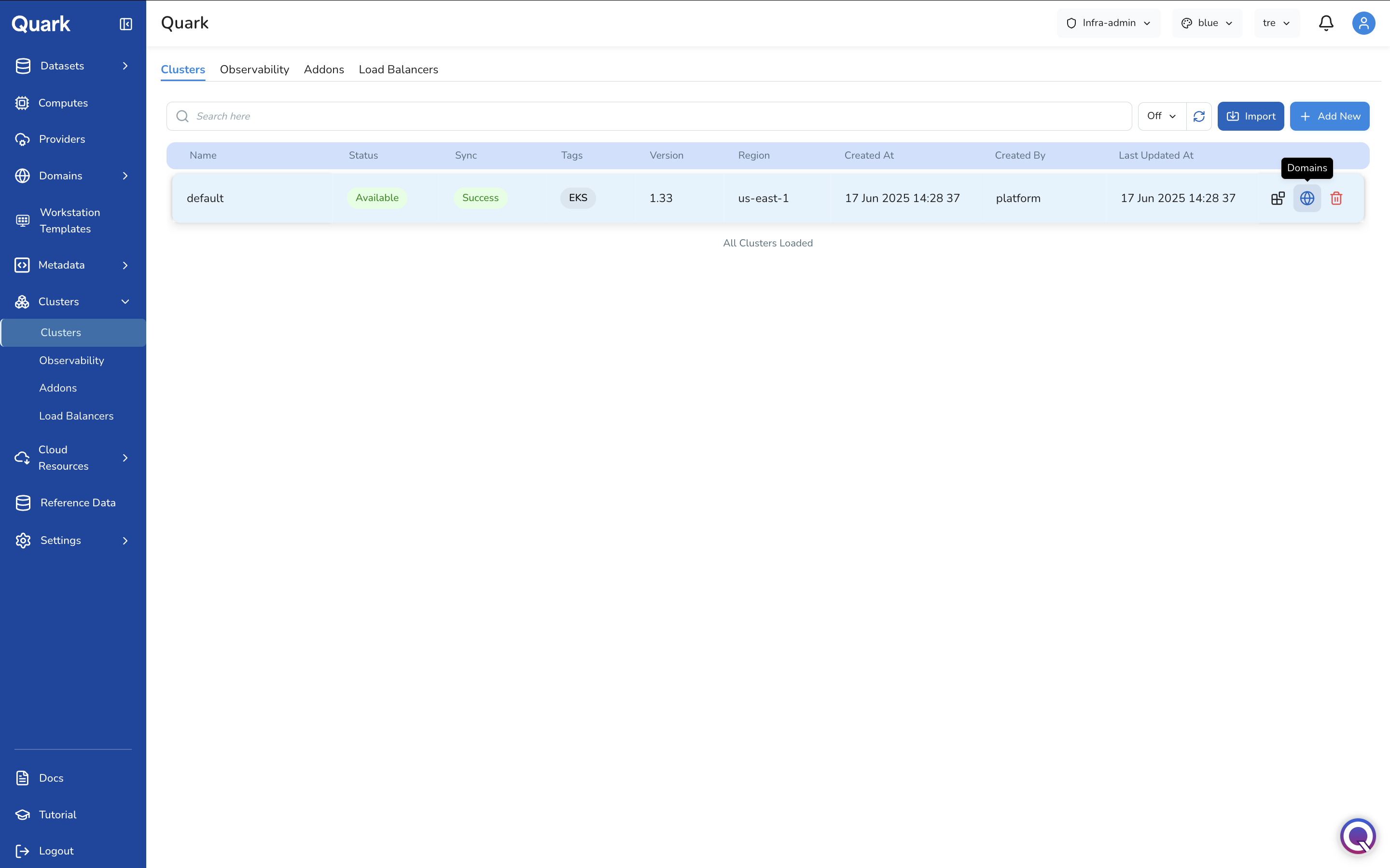 Screenshot: Clusters list with the Domains tooltip visible