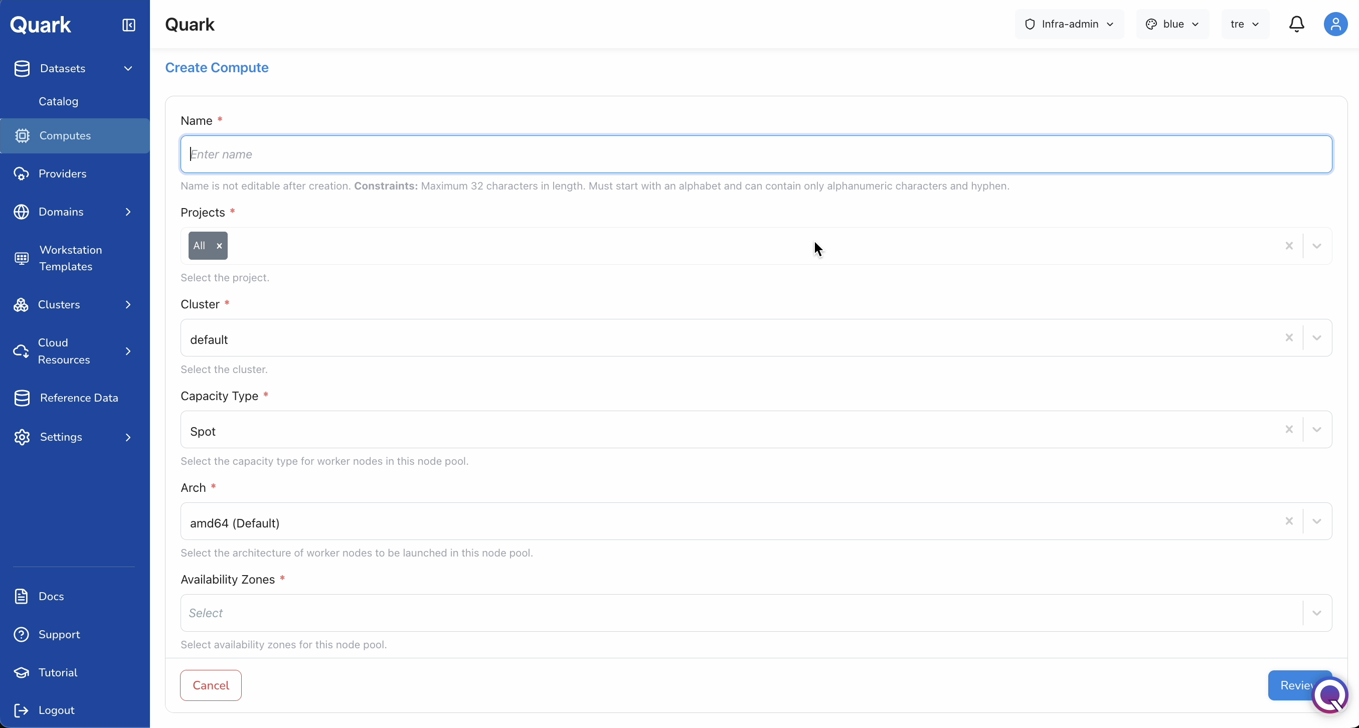 Screenshot: Create Compute form