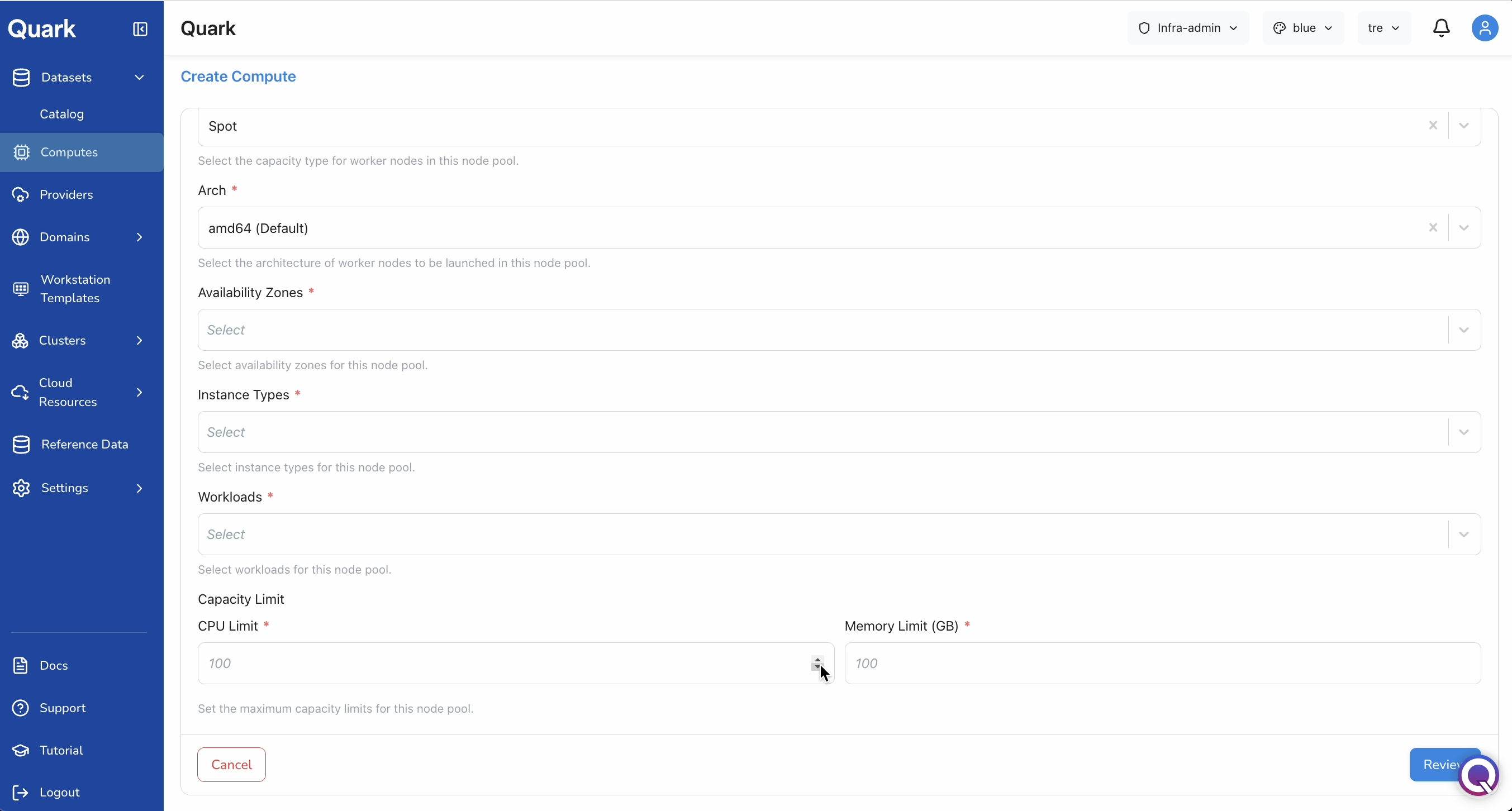 Screenshot: Create Compute form scrolled