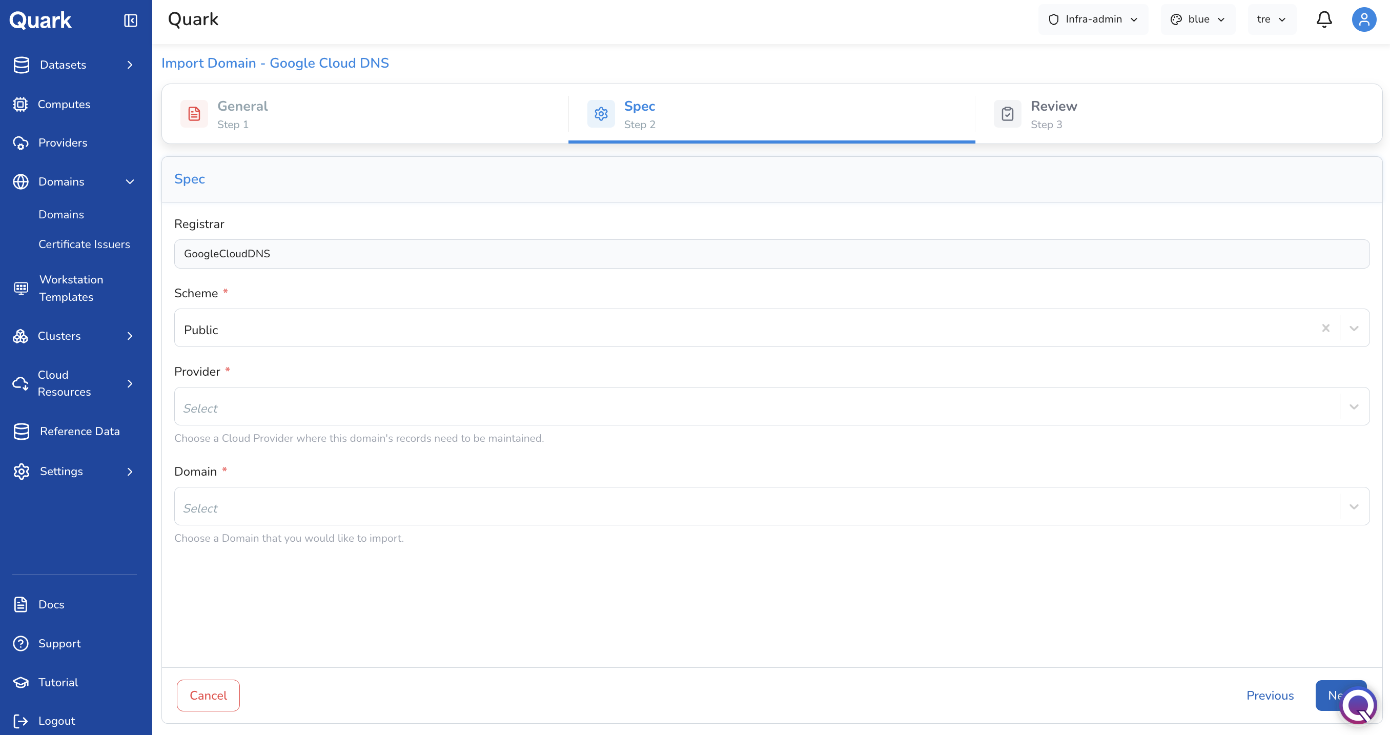 Screenshot: Import Domain - Google Cloud DNS wizard on Step 2 Spec