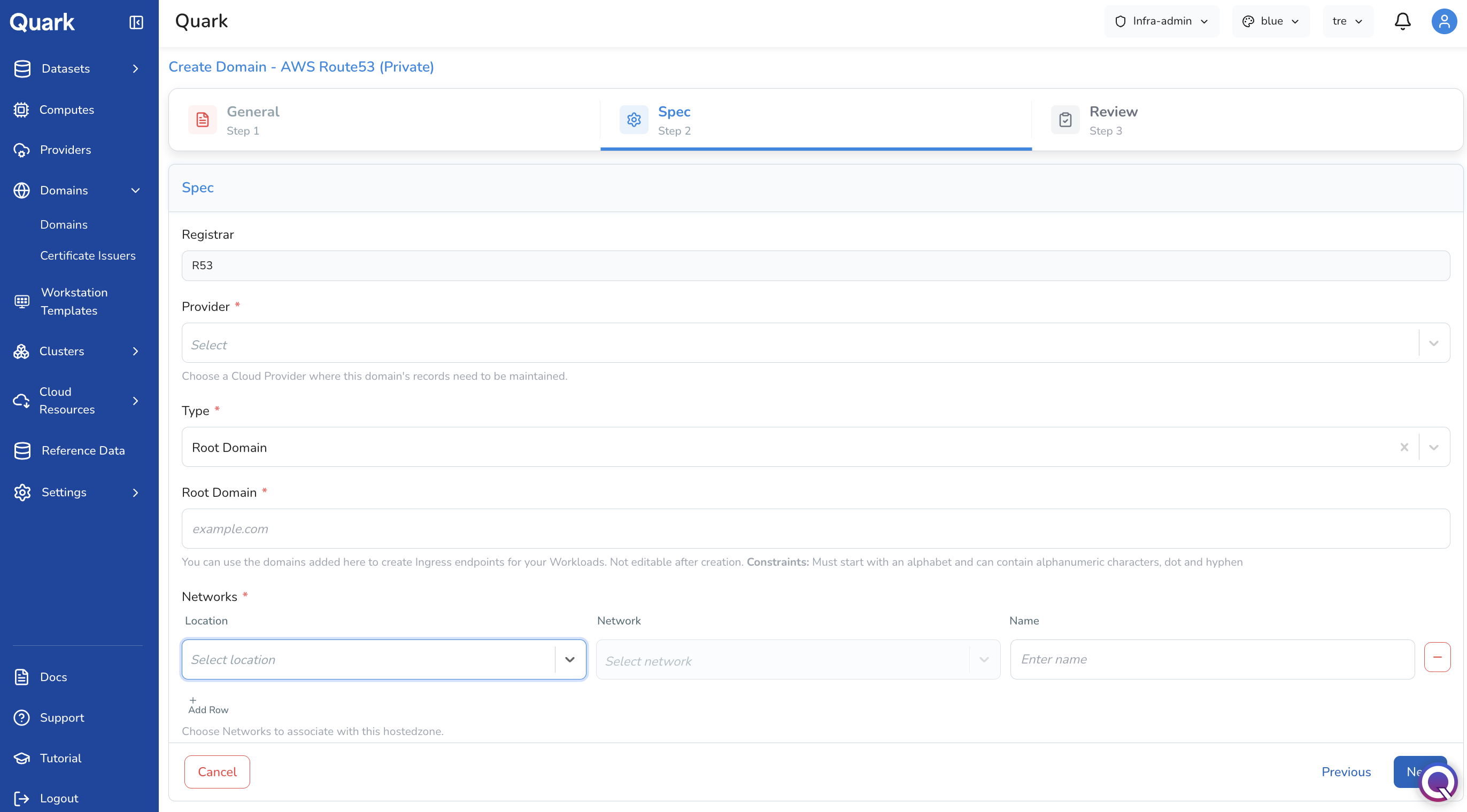 Screenshot: Create Domain - AWS Route53 (Private) Spec step with Type set to Root Domain