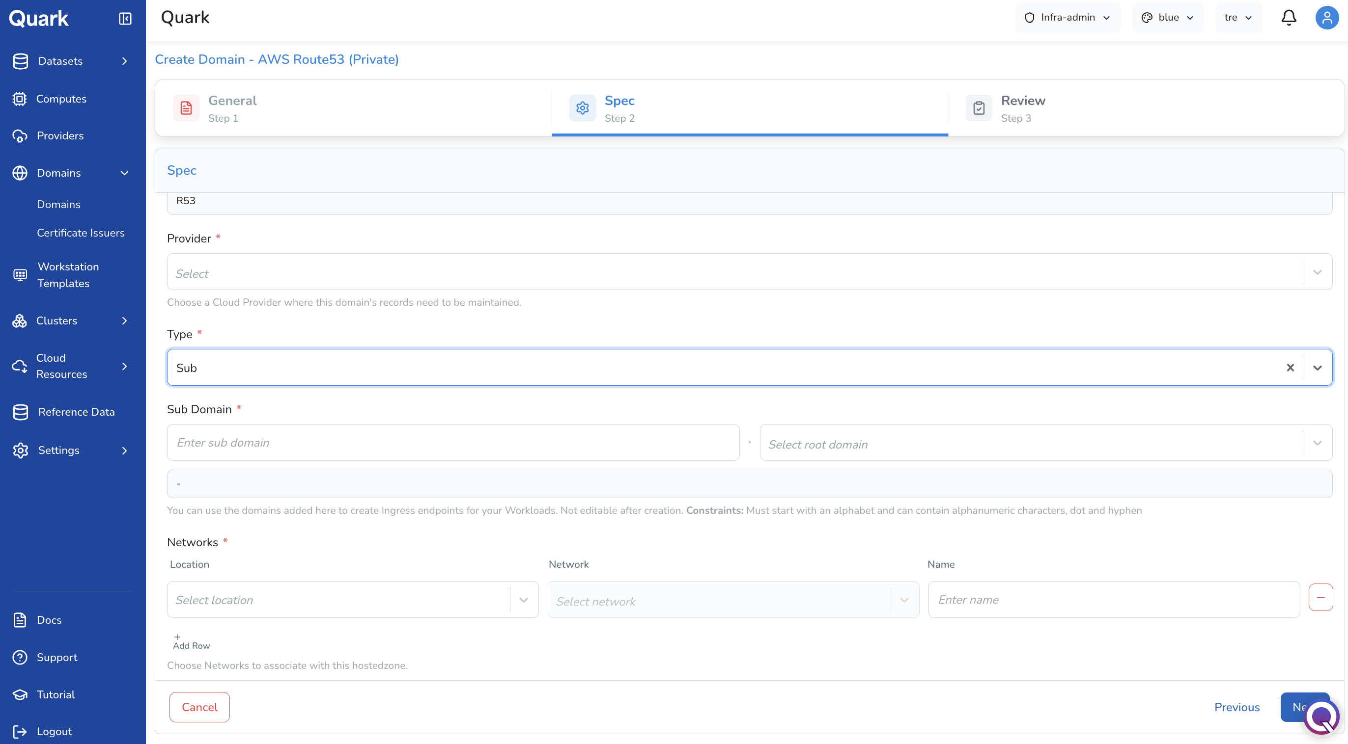 Screenshot: Create Domain - AWS Route53 (Private) Spec step with Type set to Sub, showing the Sub Domain fields and Networks table