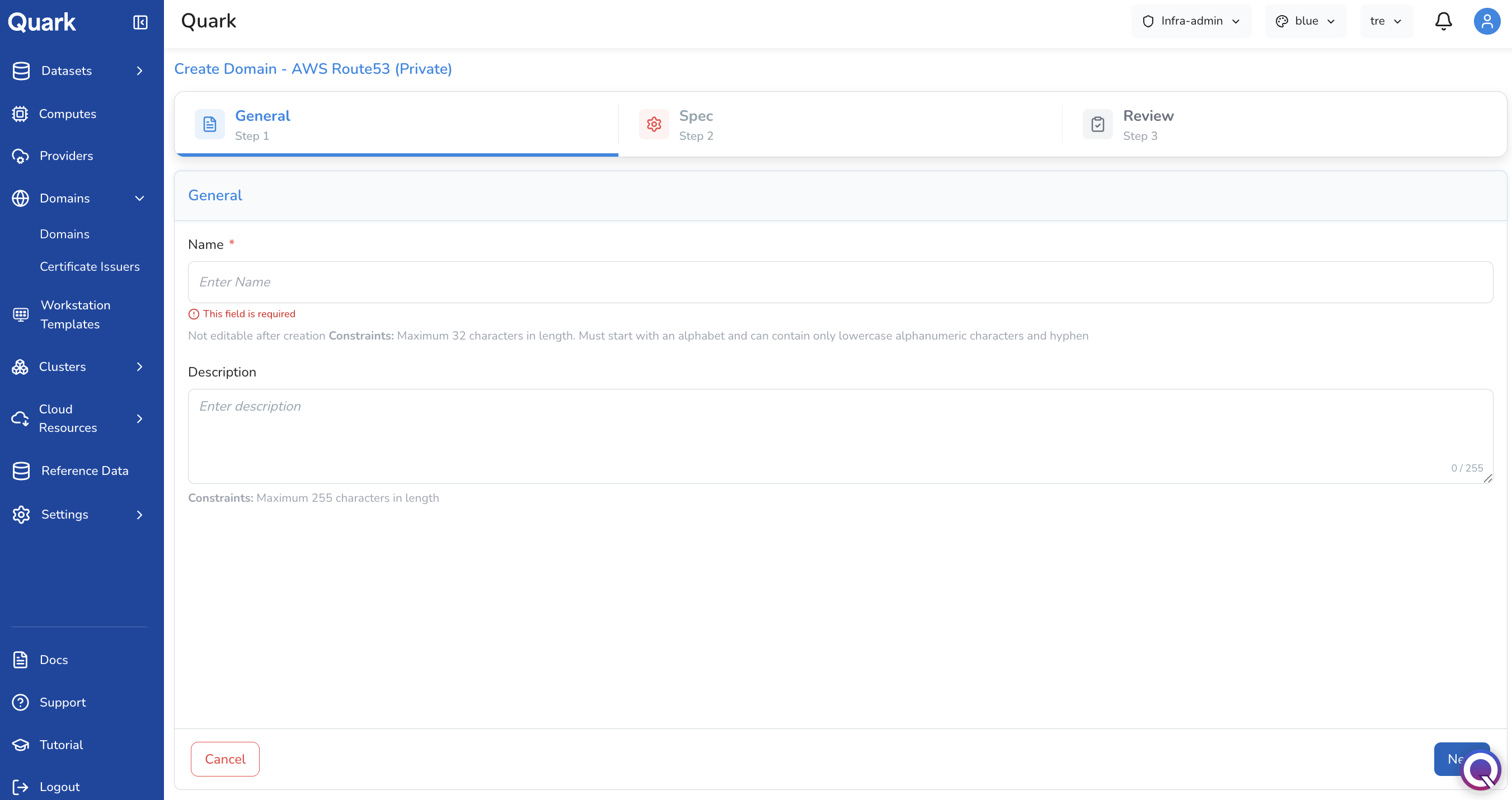 Screenshot: Create Domain - AWS Route53 (Private) wizard on Step 1 General, showing the Name and Description fields