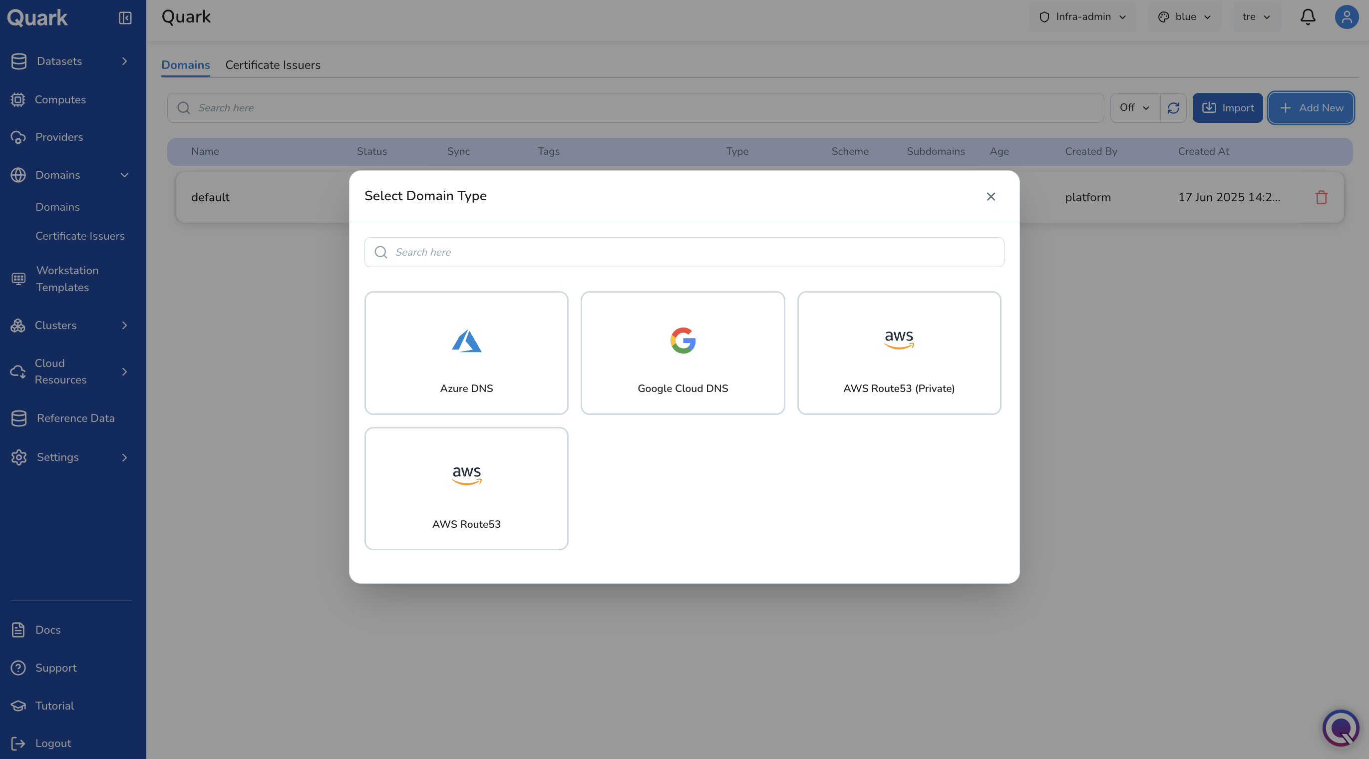 Screenshot: Add New - Select Domain Type modal showing Azure DNS, Google Cloud DNS, AWS Route53 (Private), and AWS Route53 tiles