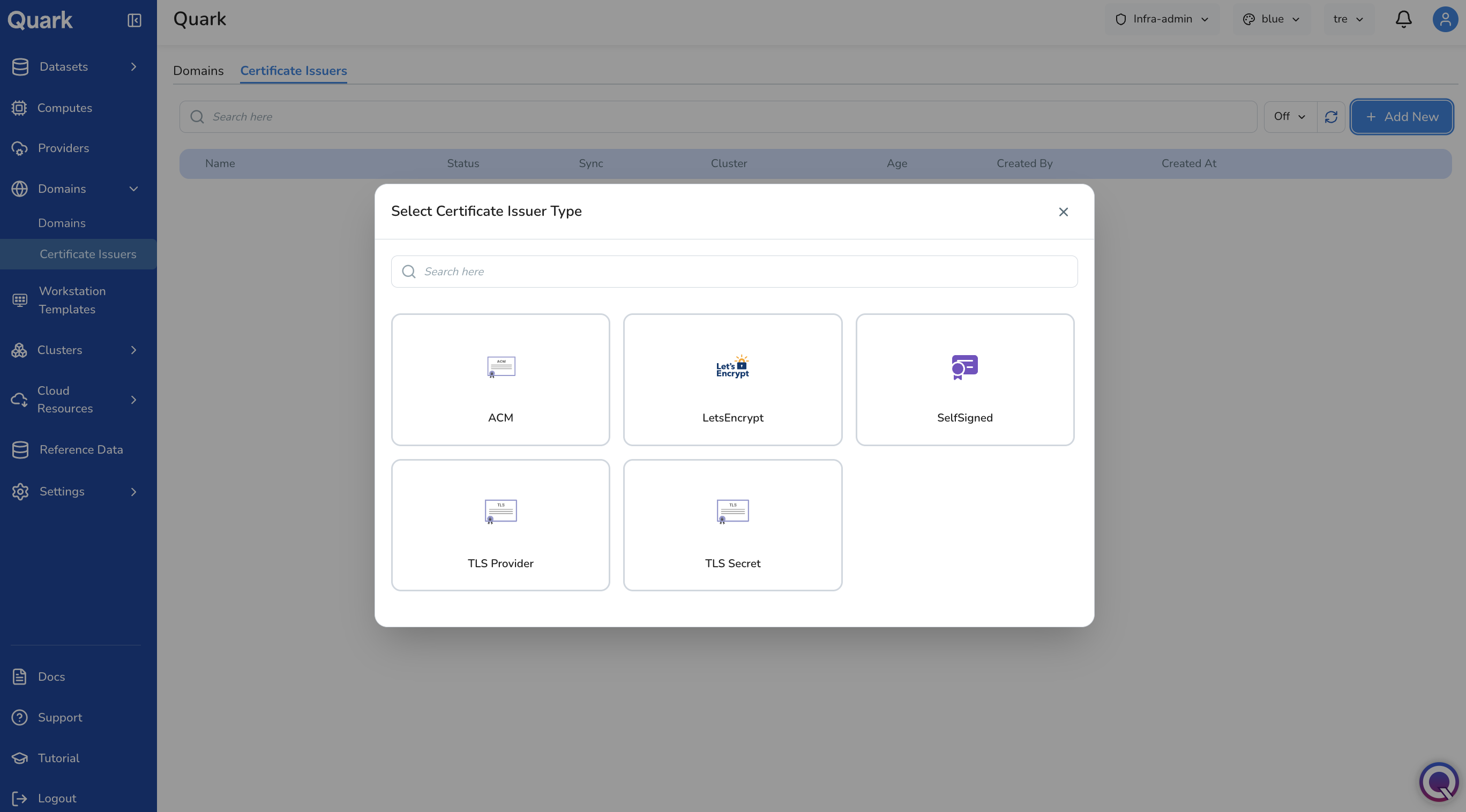 Screenshot: Select Certificate Issuer Type modal